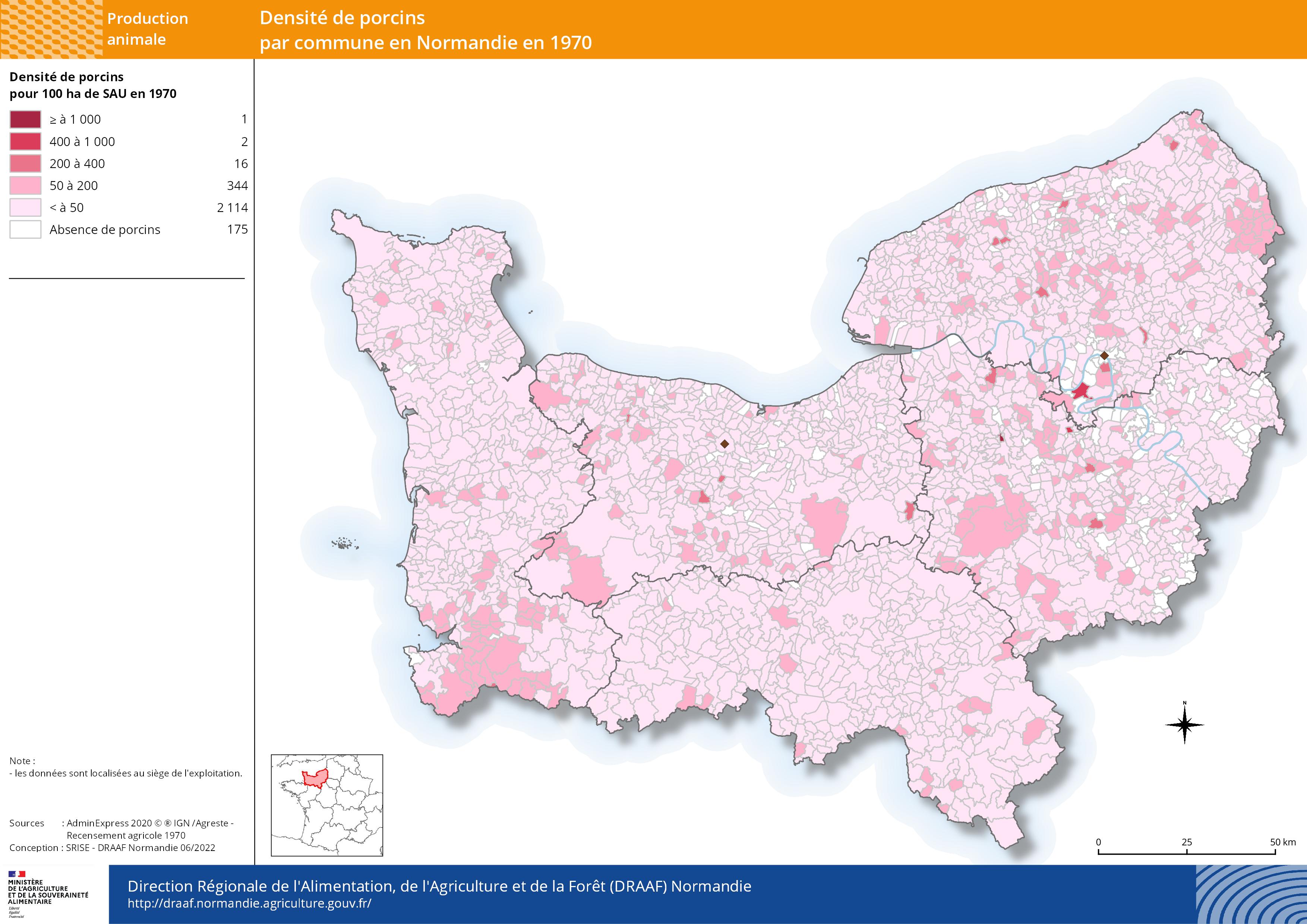 carte représentant la densité de porcins par commune en 1970