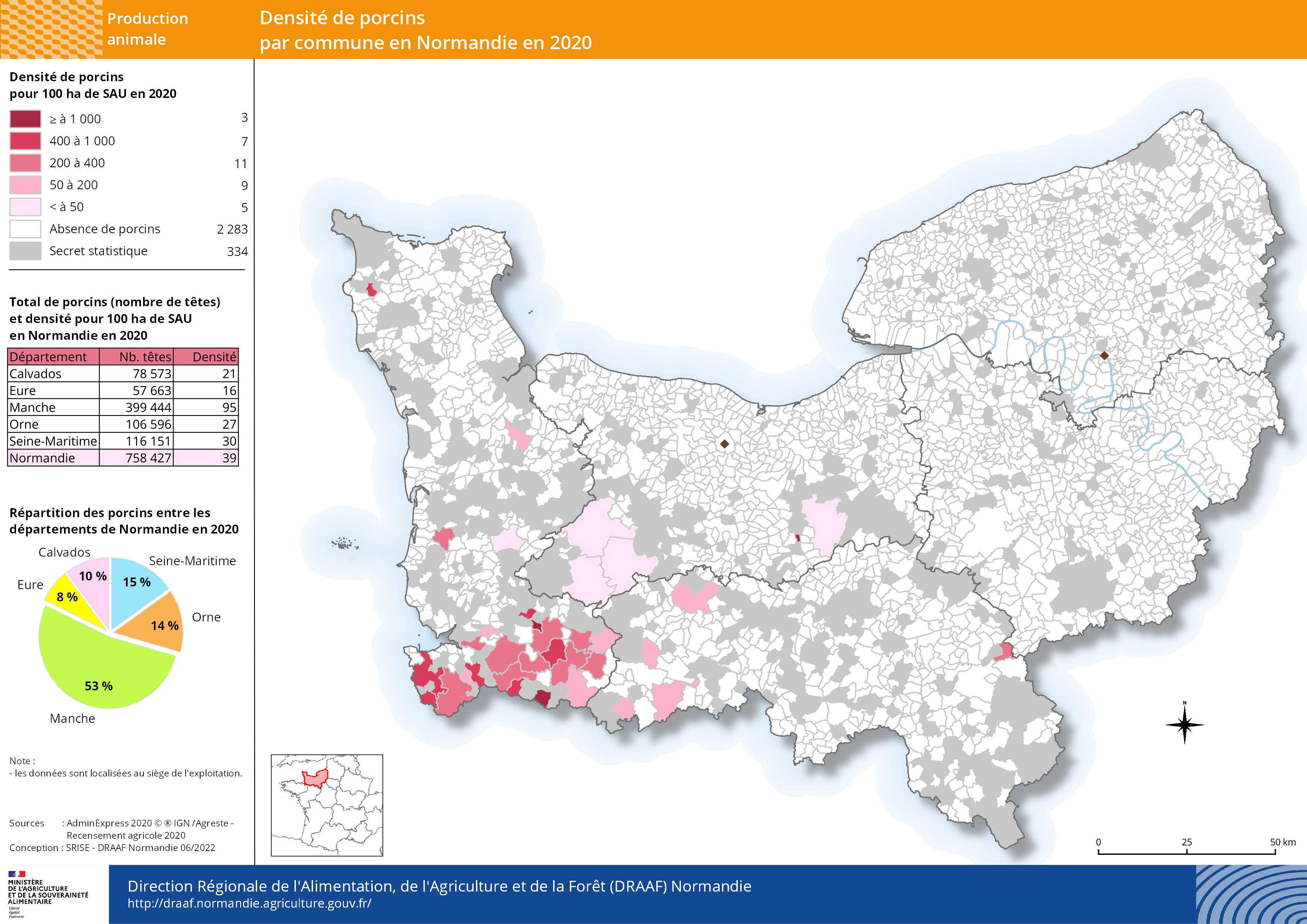 carte représentant la densité de porcins par commune en 2020