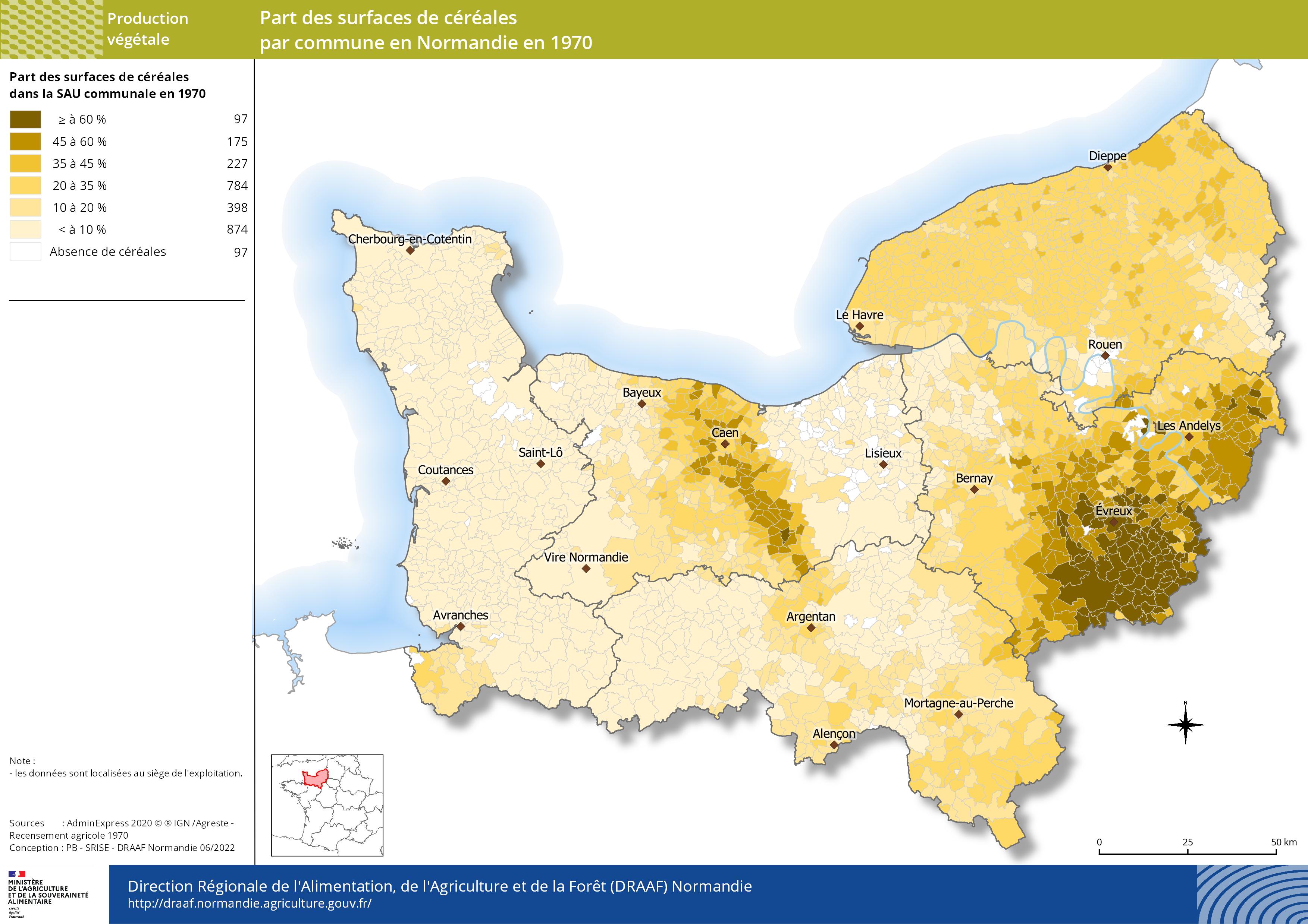 carte représentant la part des surfaces de céréales par commune en Normandie en 1970