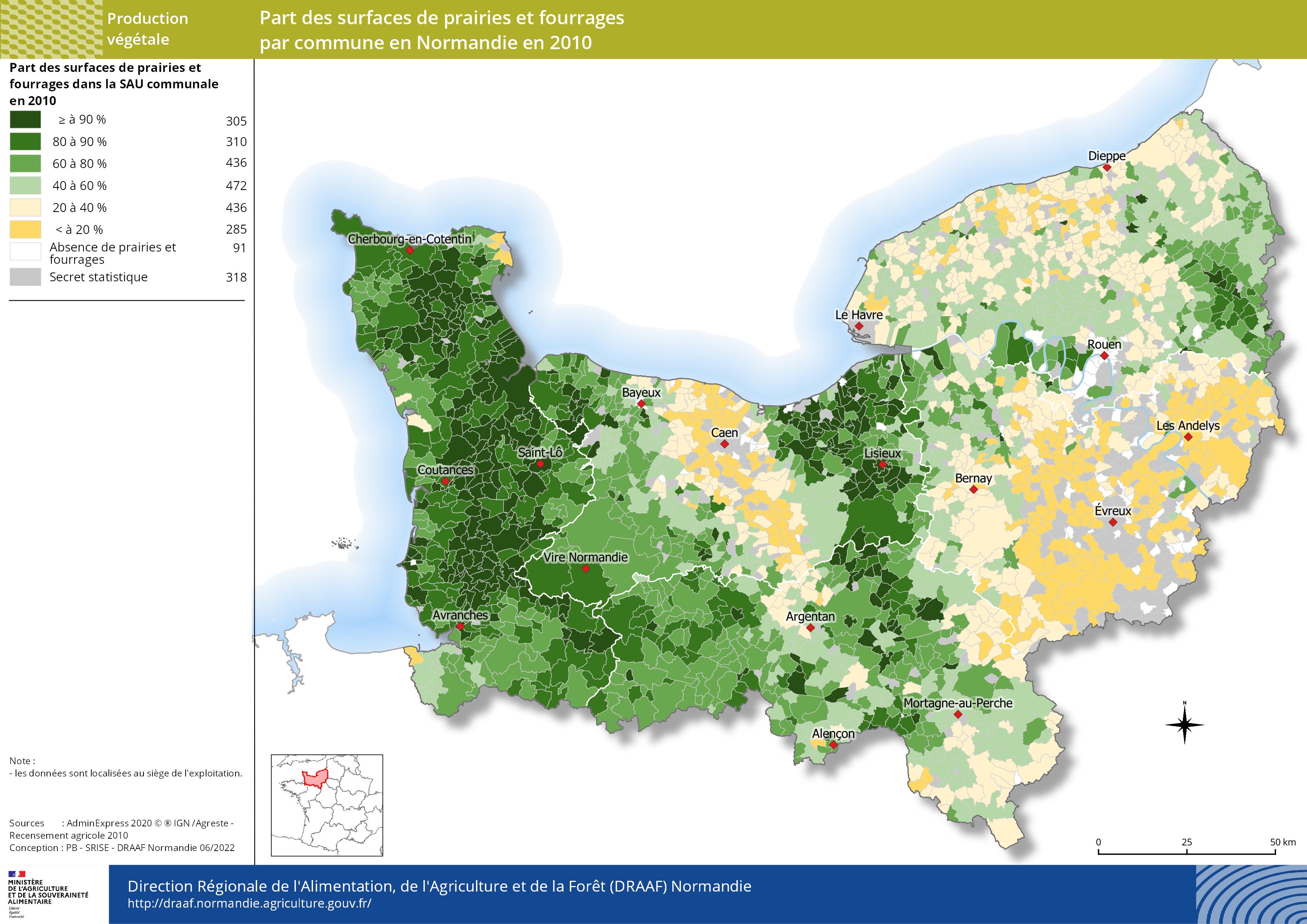 carte représentant la part des surfaces de prairies et fourrages par commune en Normandie en 2010