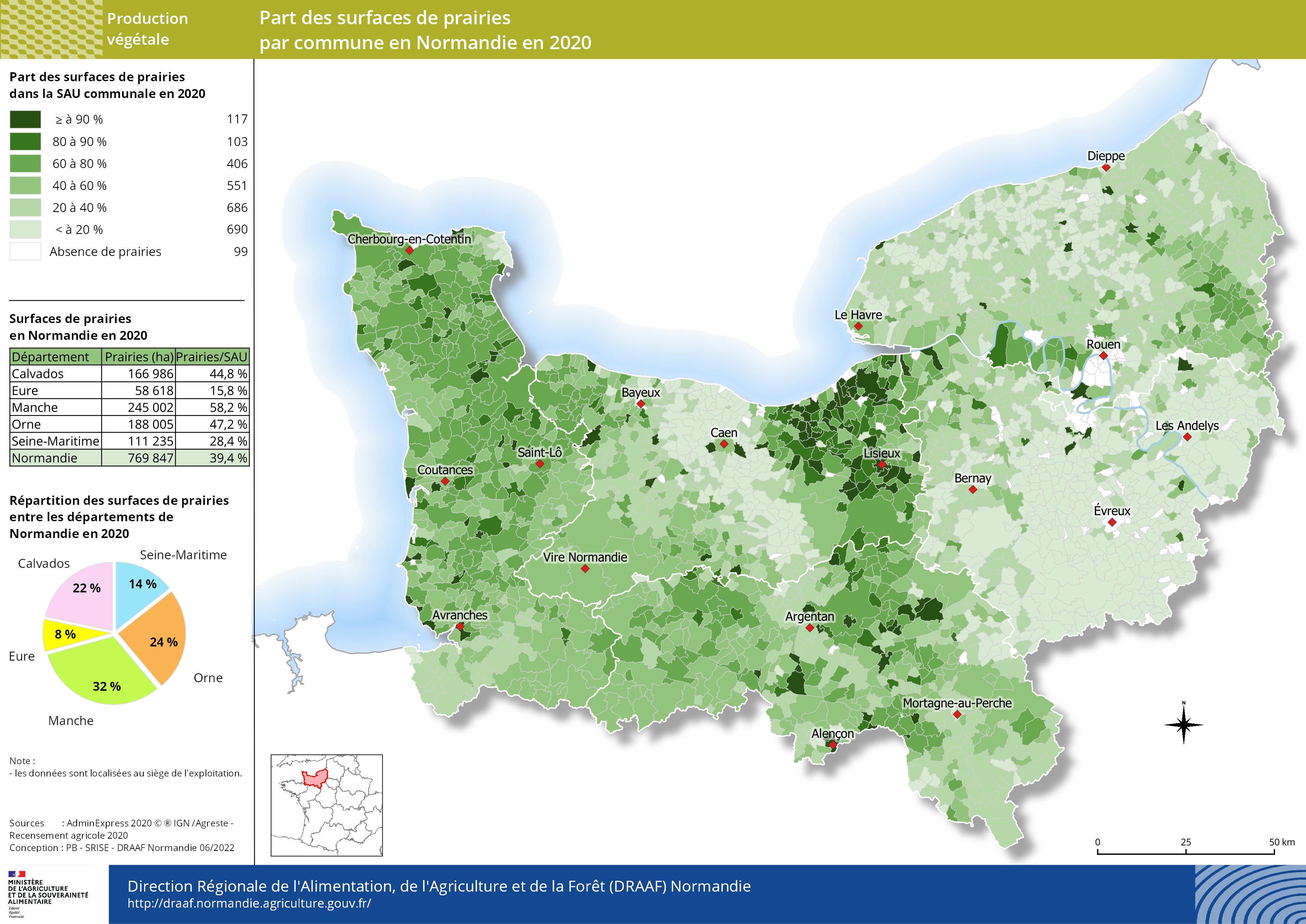 carte représentant la part des surfaces de prairies par commune en Normandie en 2020