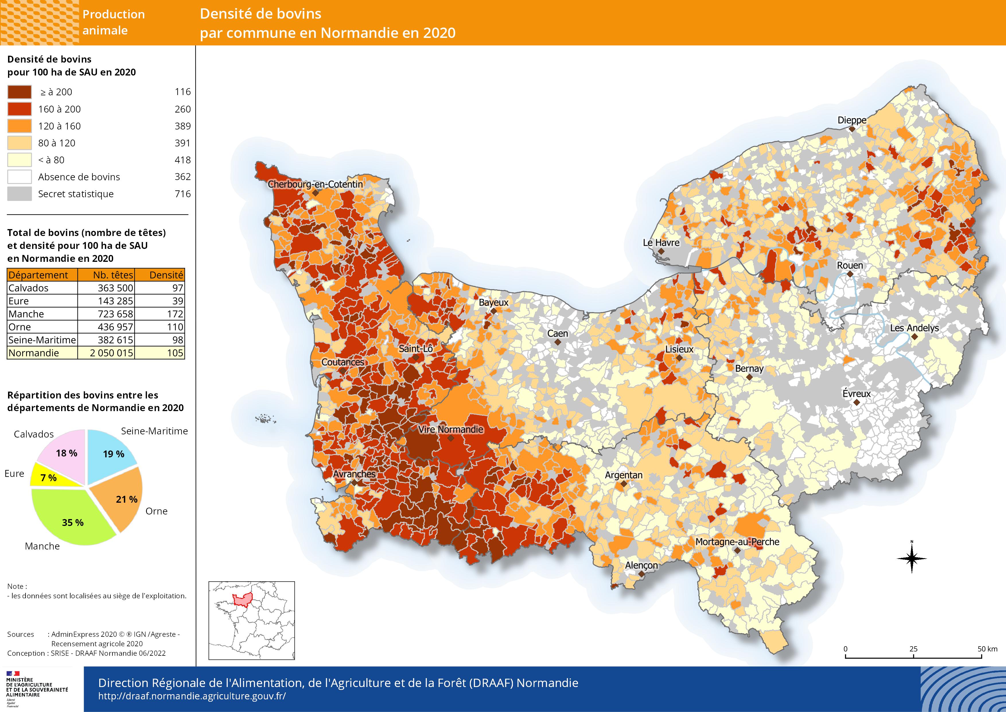 carte représentant la densité de bovins par commune en 2020