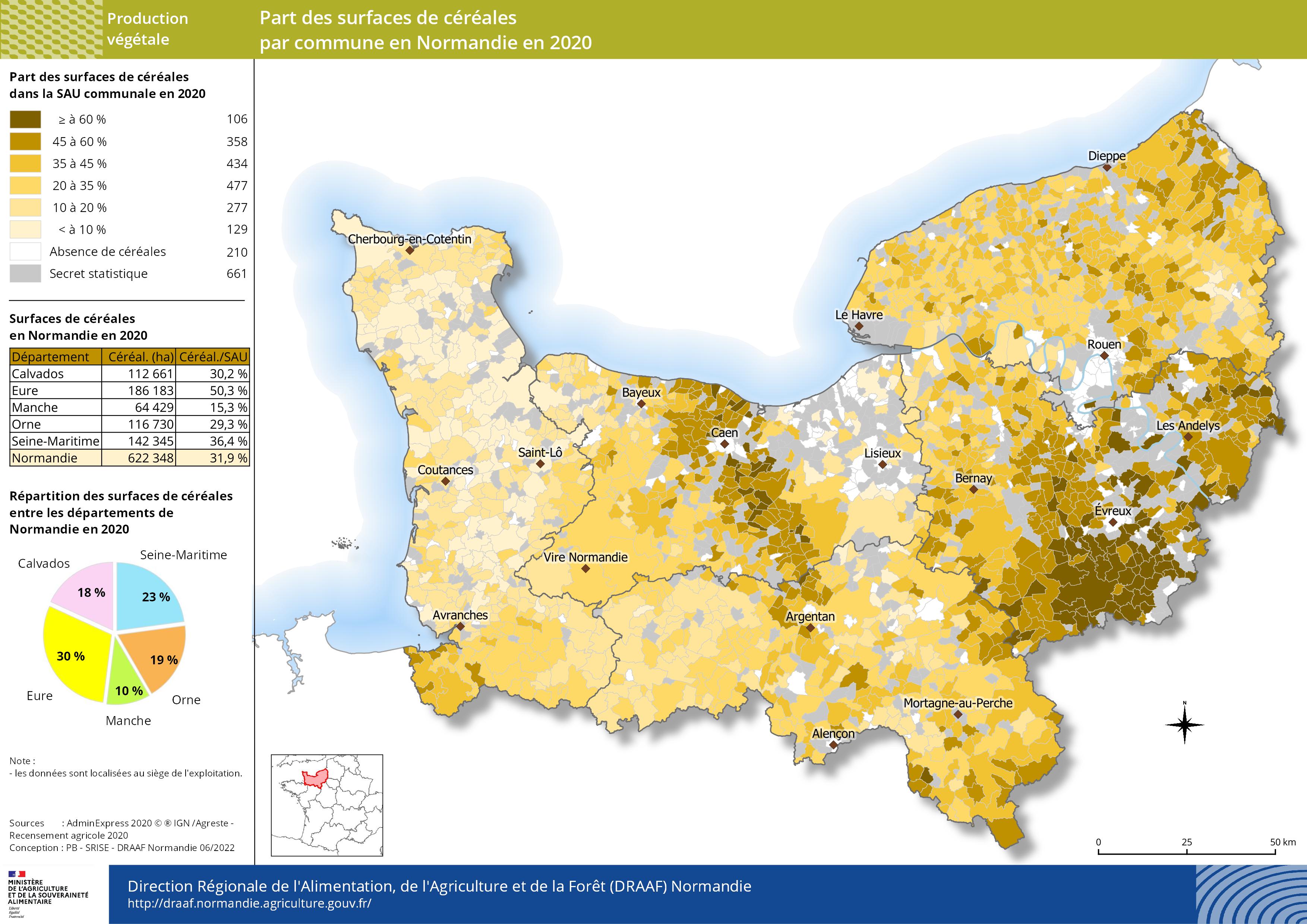 carte représentant la part des surfaces de céréales par commune en Normandie en 2020