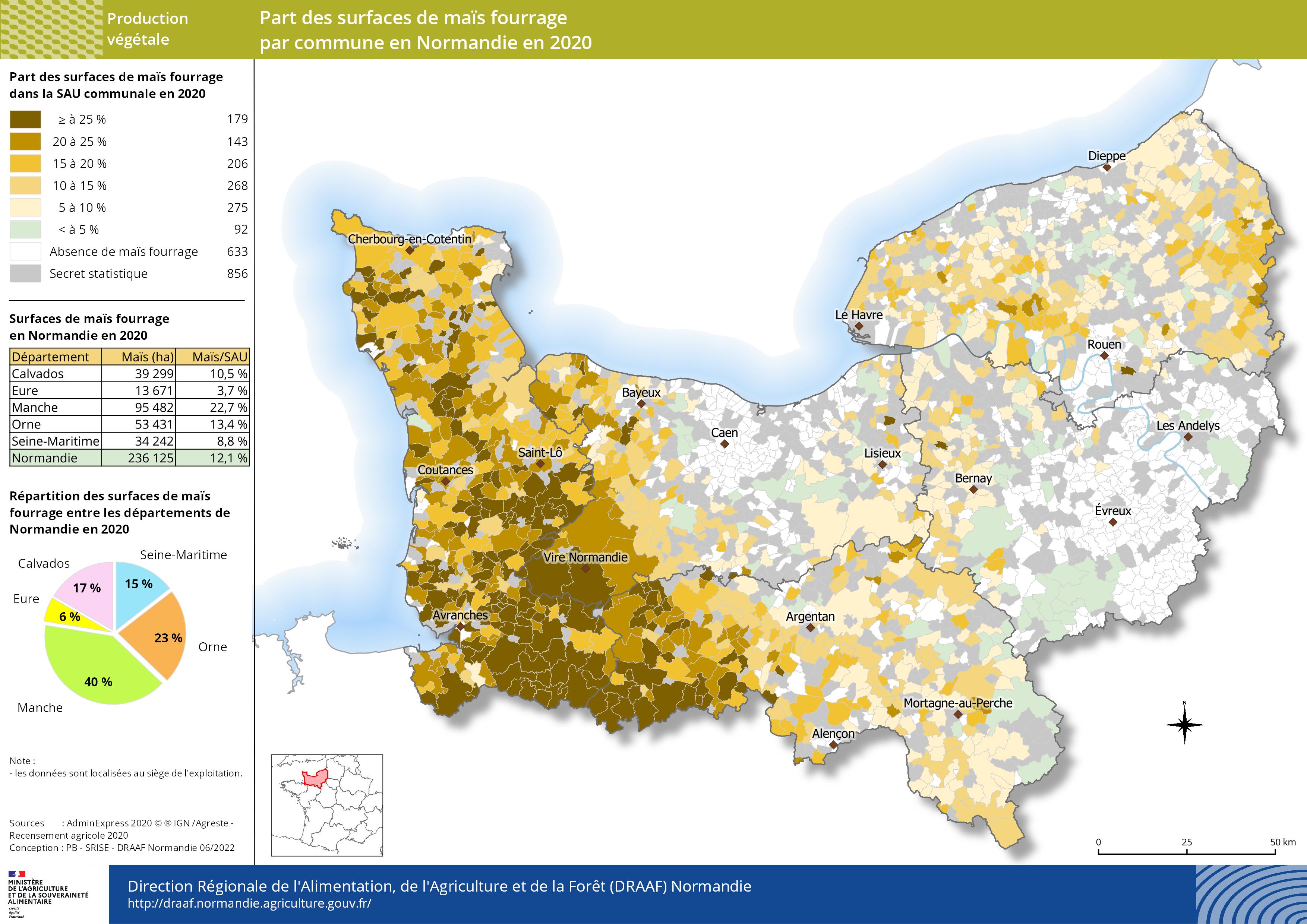 carte représentant la part des surfaces de maïs fourrage par commune en Normandie en 2020