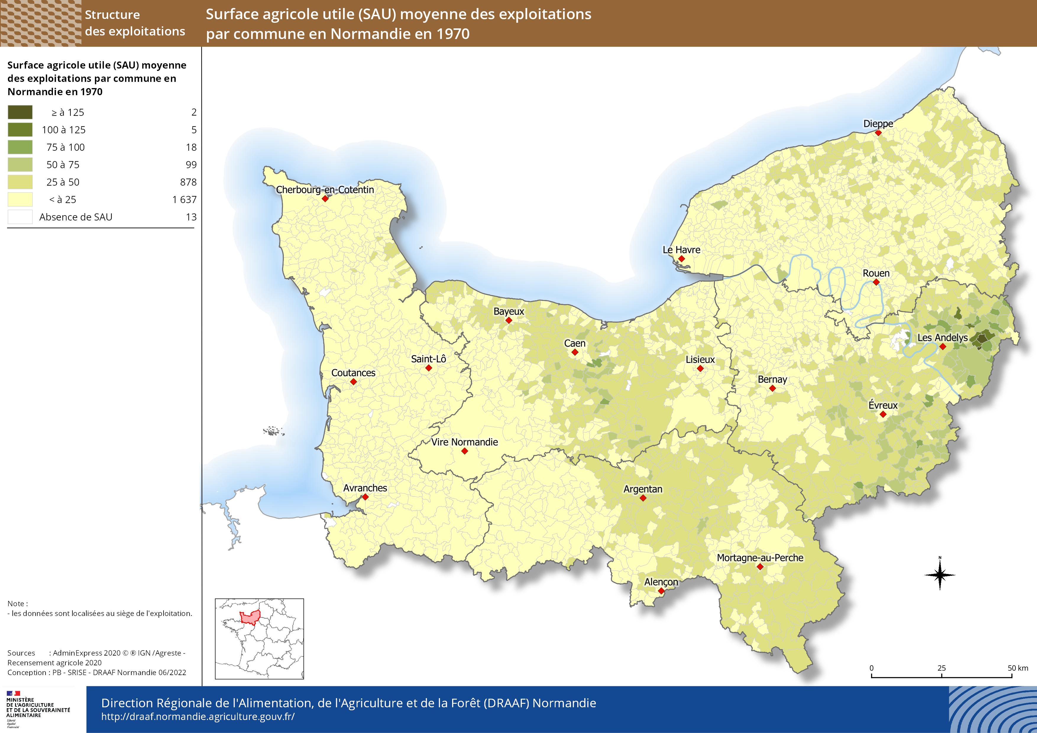 carte représentant la surface agricole utile (SAU) moyenne des exploitations par commune en Normandie en 1970