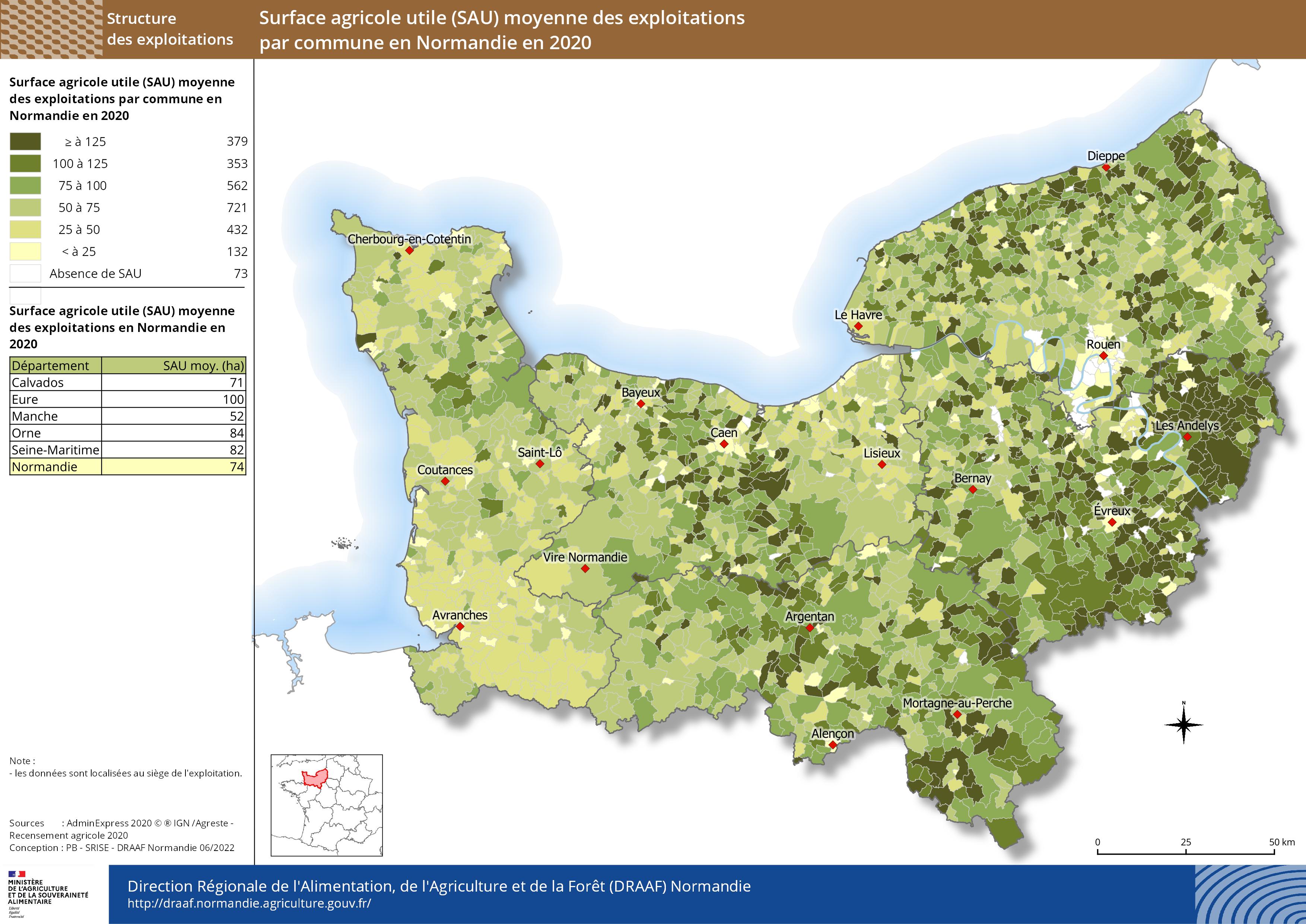 carte représentant la surface agricole utile (SAU) moyenne des exploitations par commune en Normandie en 2020