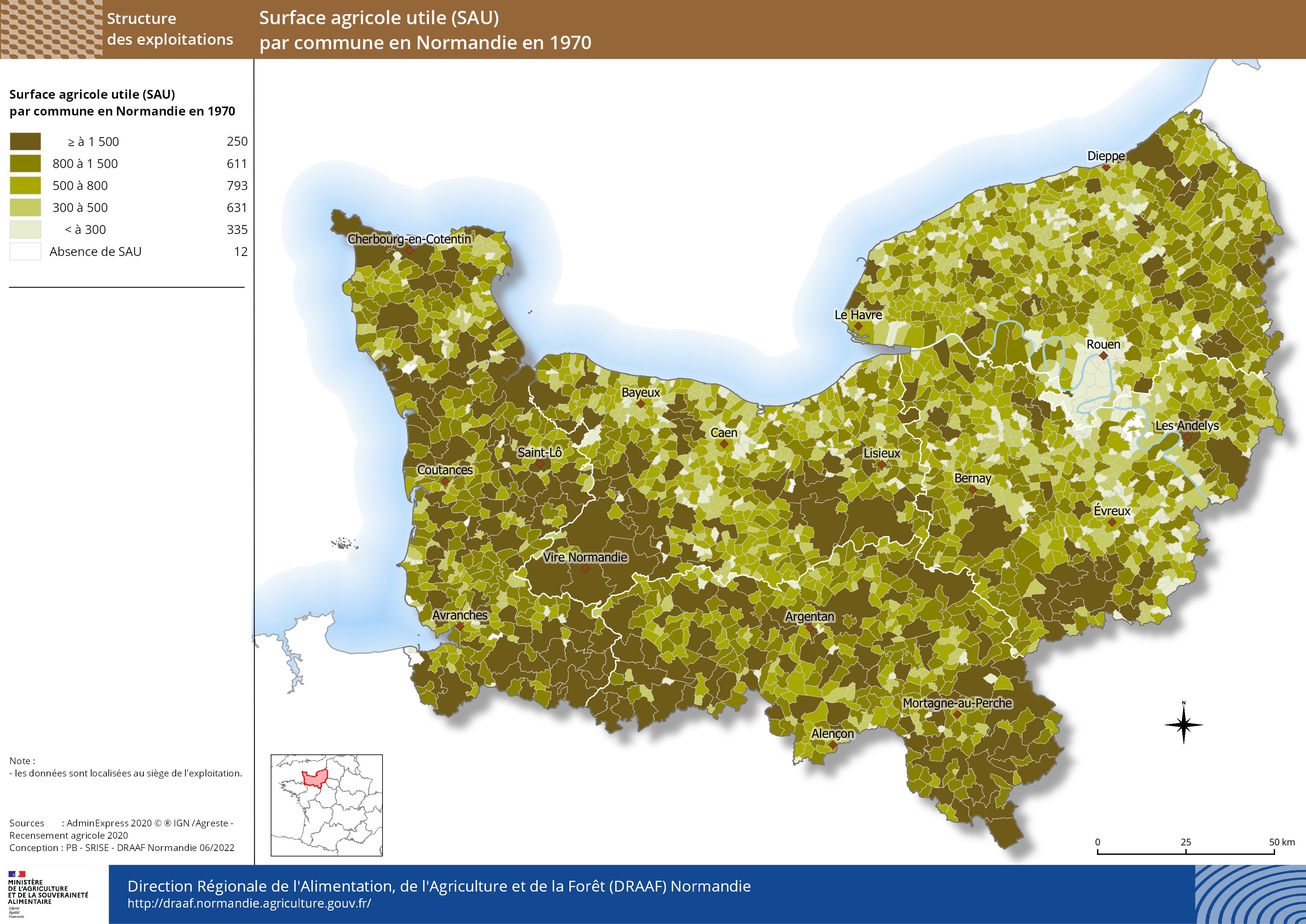carte représentant la surface agricole utile (SAU) par commune en Normandie en 1970