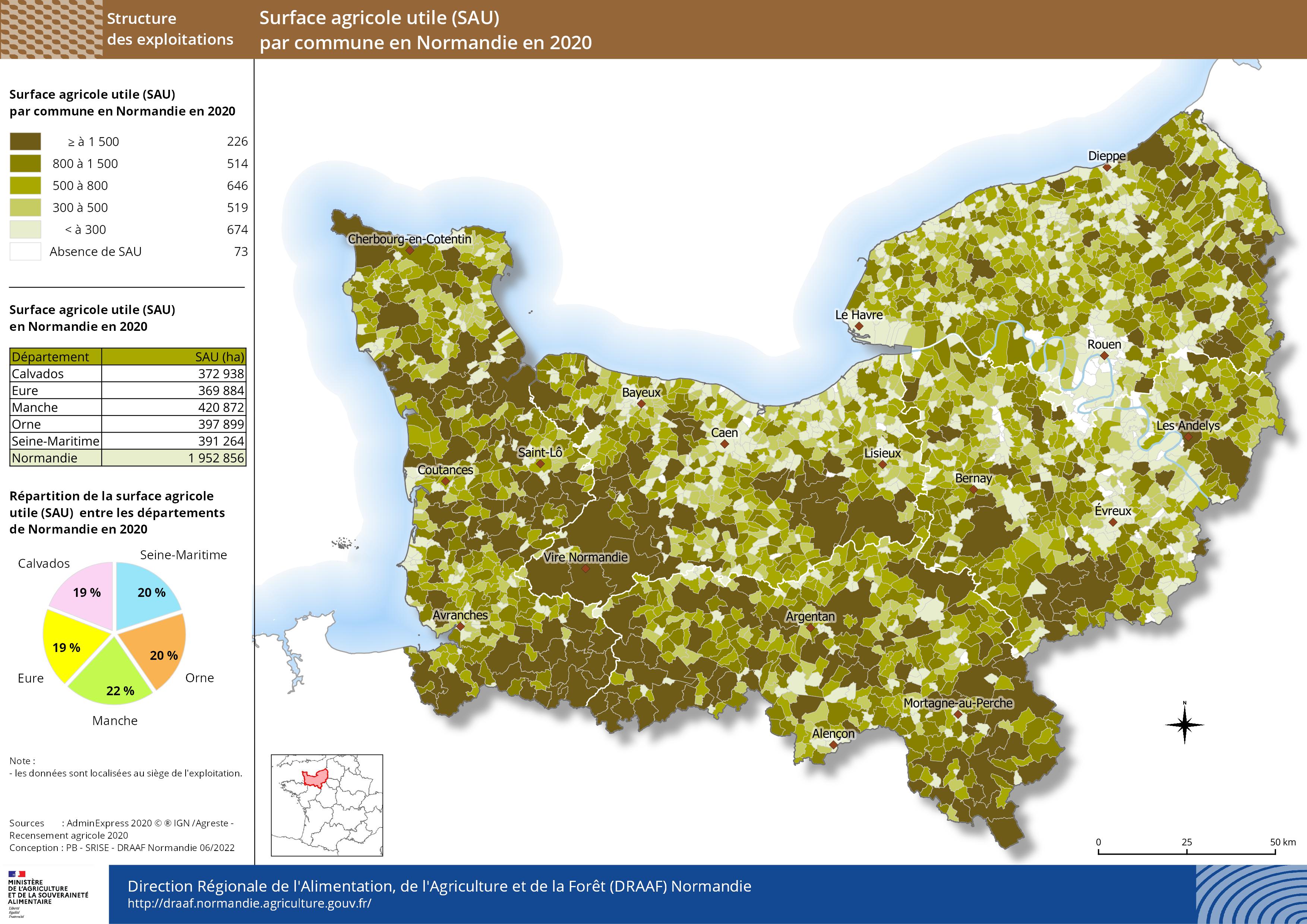 carte représentant la surface agricole utile (SAU) par commune en Normandie en 2020
