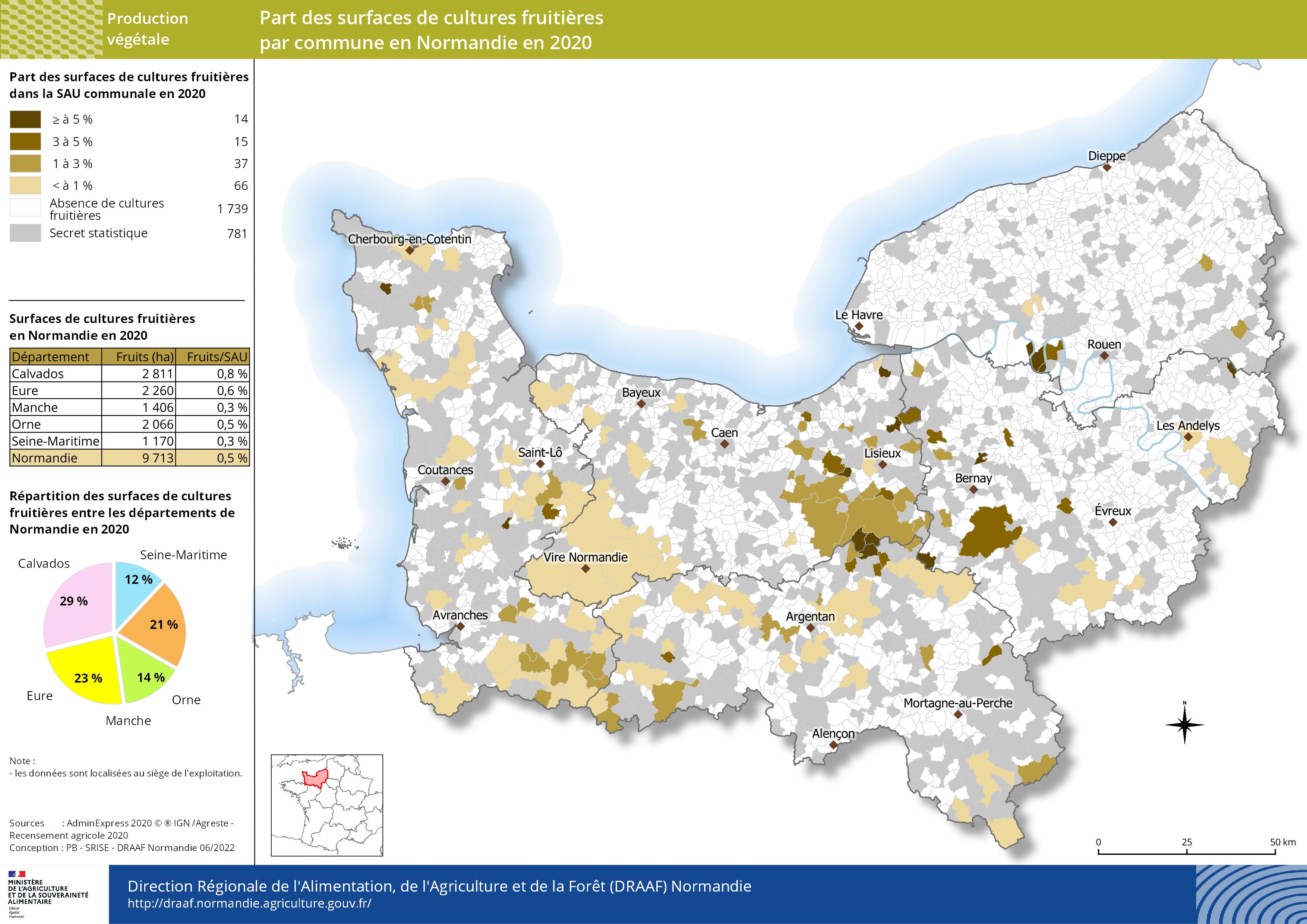 carte représentant la part des surfaces de cultures fruitières par commune en Normandie en 2020