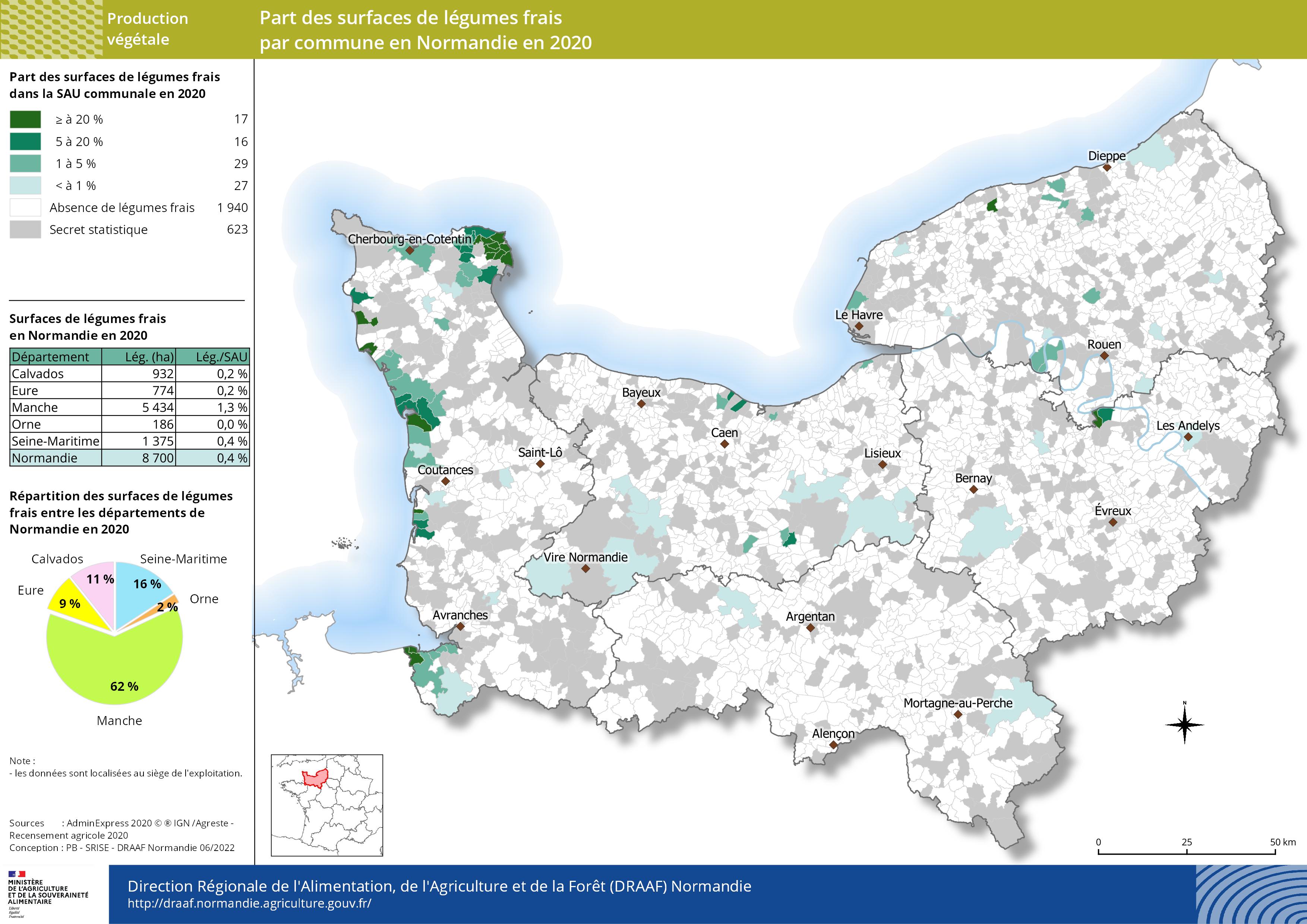 carte représentant la part des surfaces de légumes frais par commune en Normandie en 2020