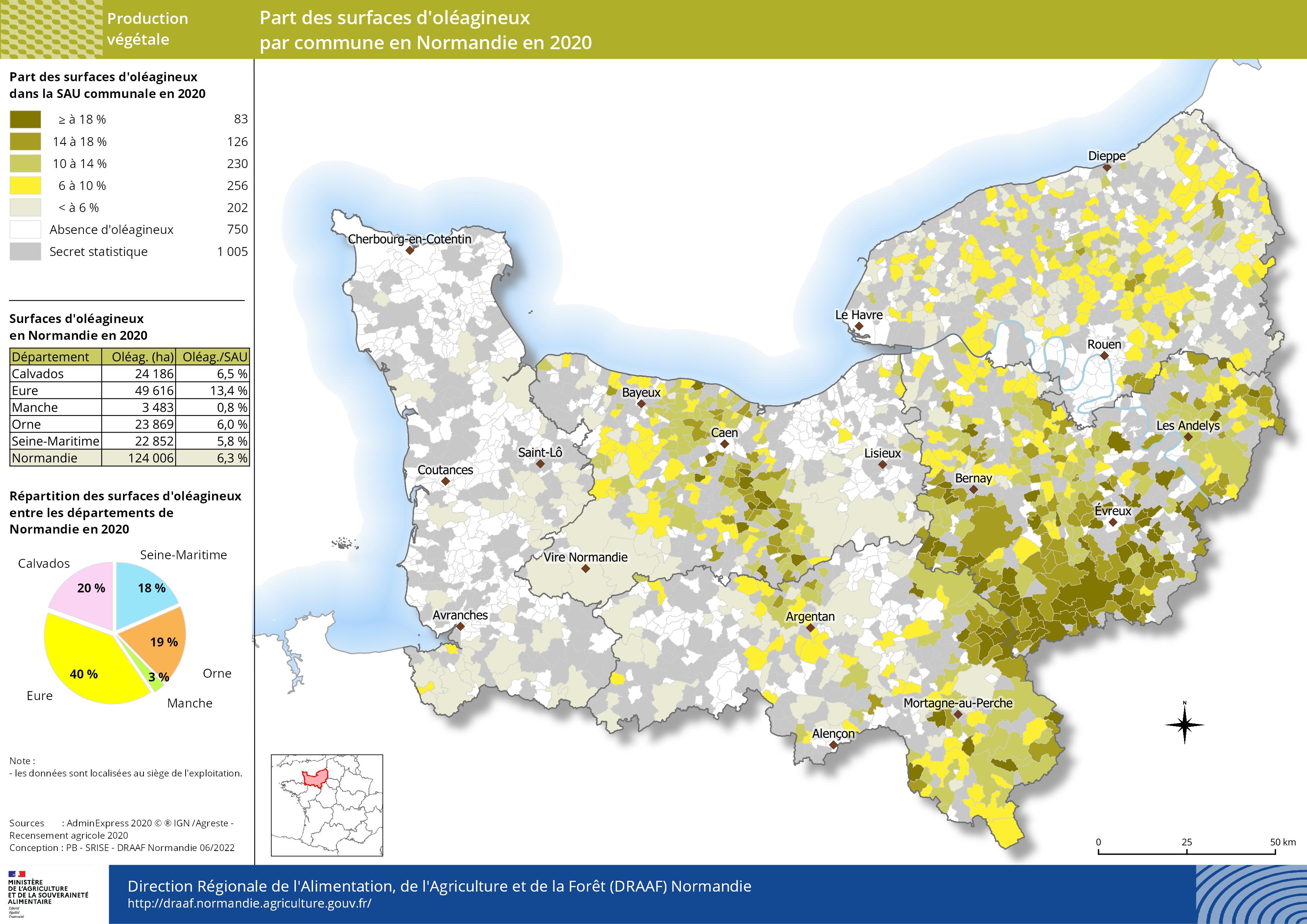 carte représentant la part des surfaces d'oléagineux par commune en Normandie en 2020
