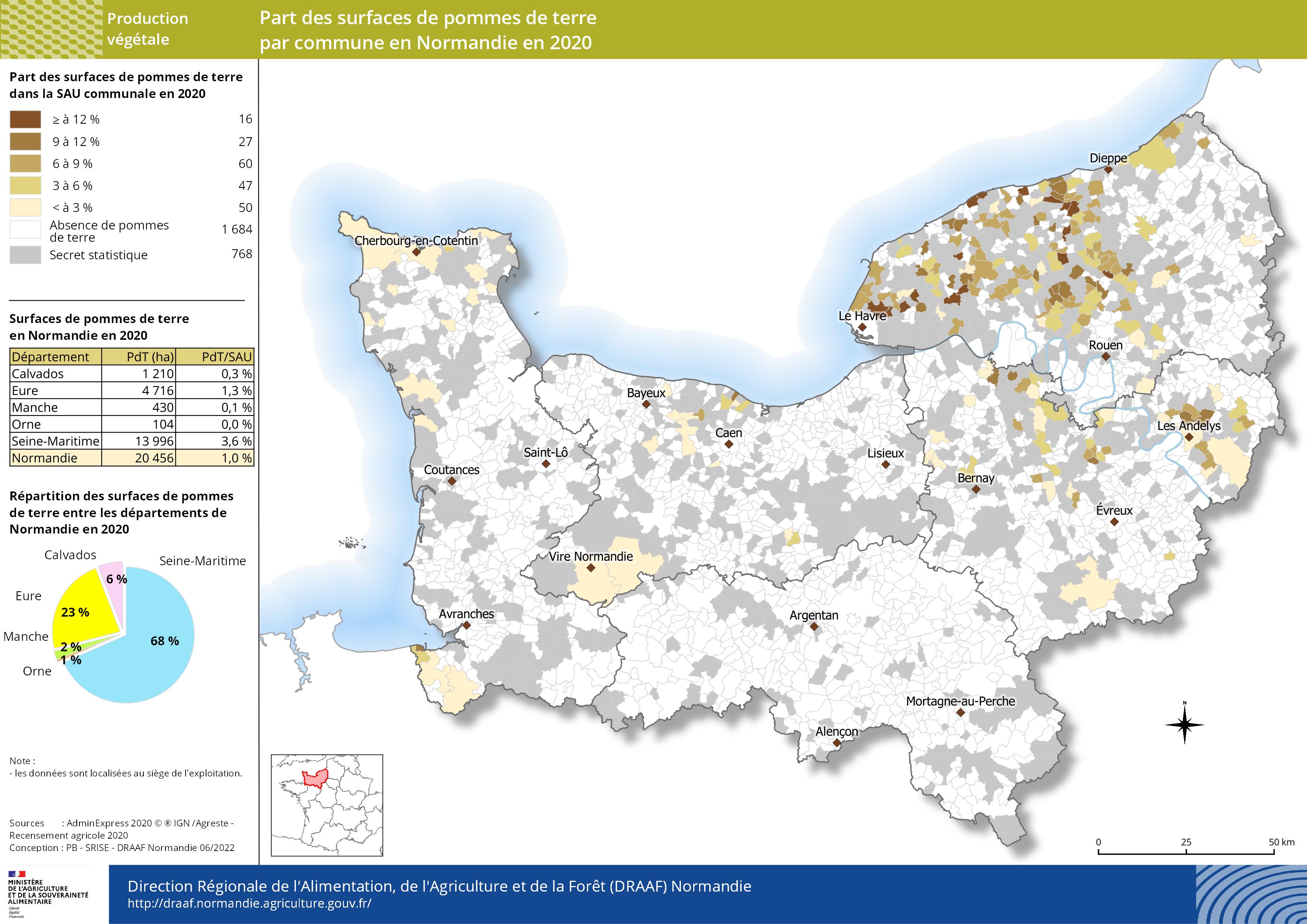 carte représentant la part des surfaces de pommes de terre par commune en Normandie en 2020