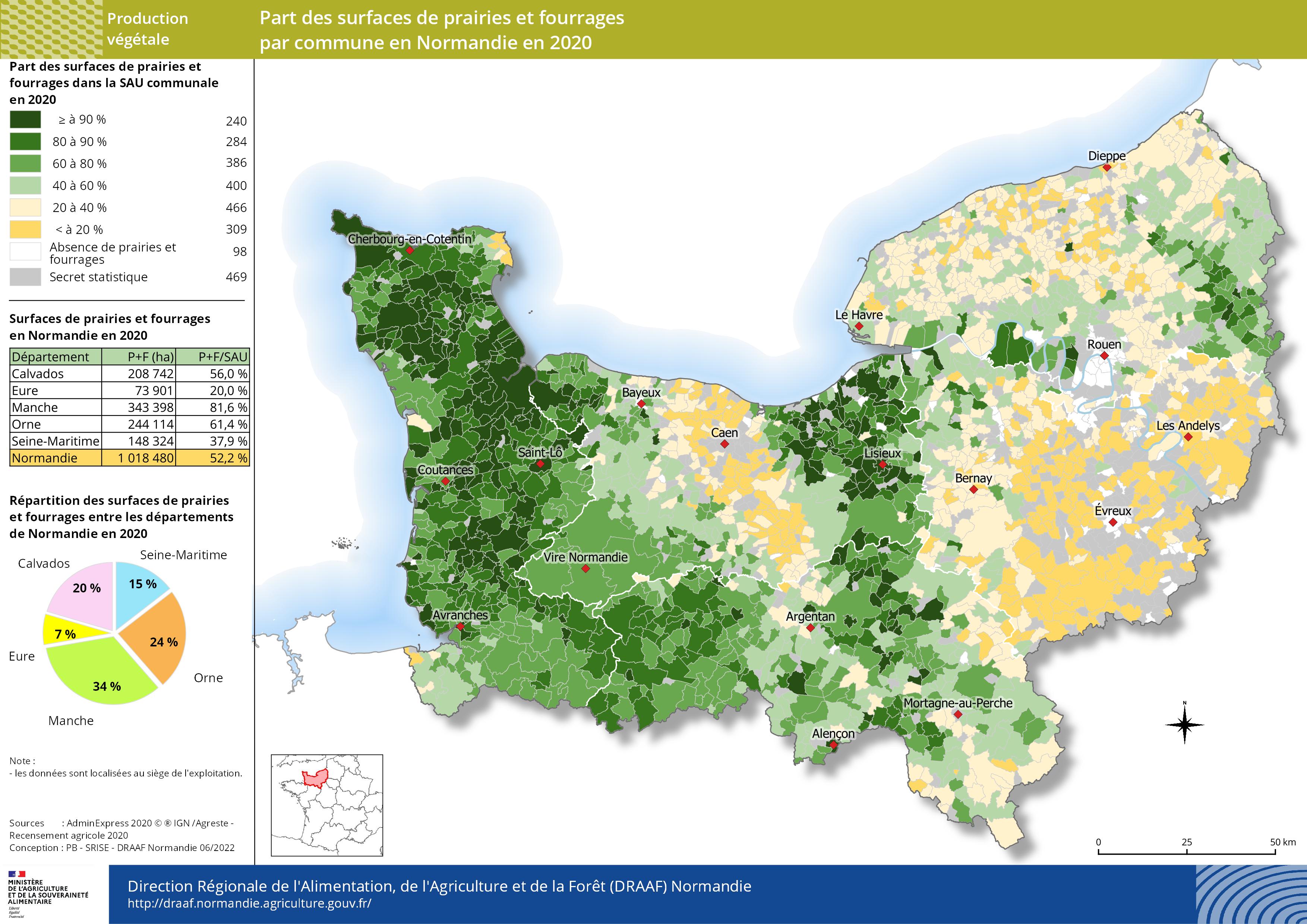 carte représentant la part des surfaces de prairies et fourrages par commune en Normandie en 2020