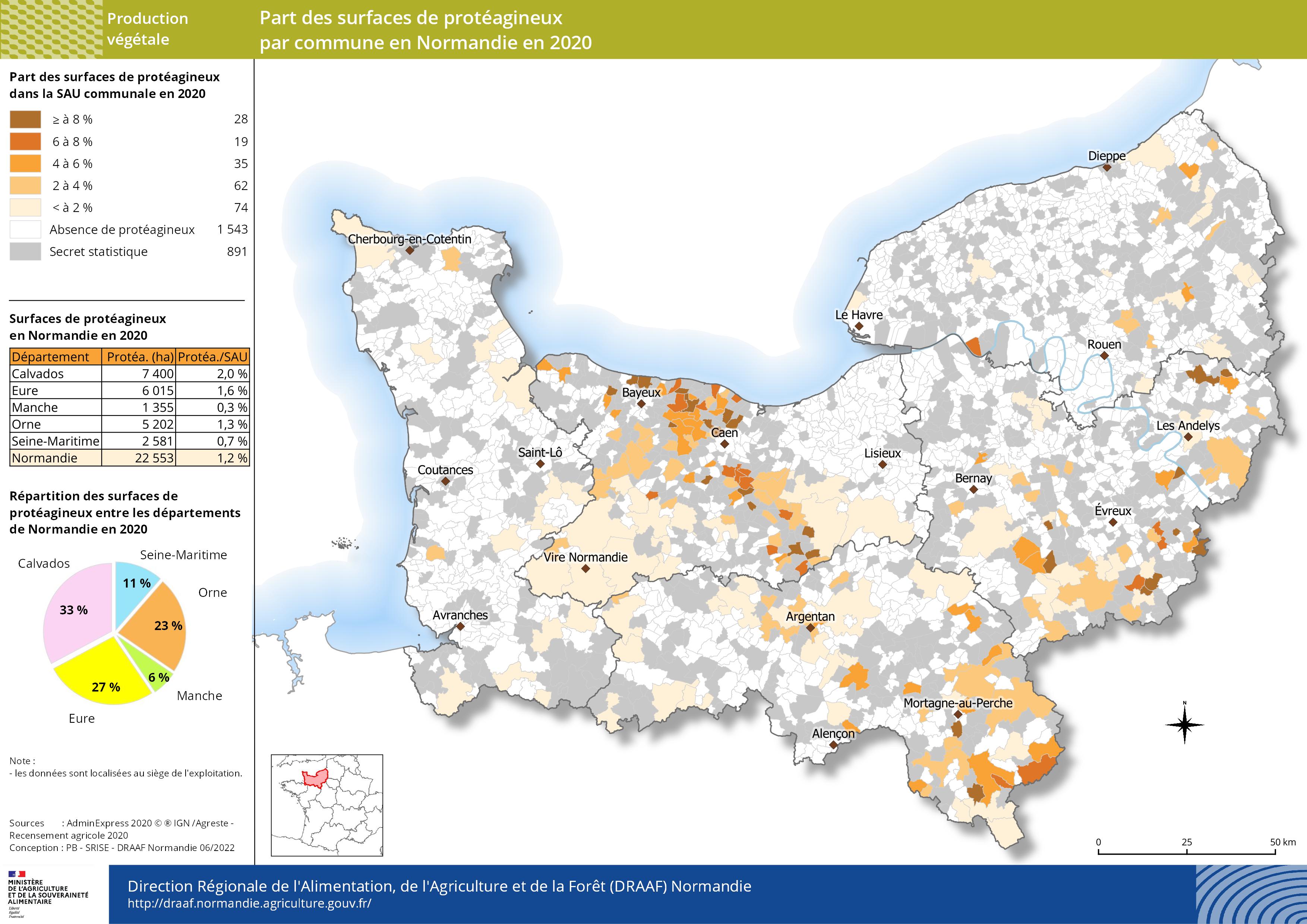 carte représentant la part des surfaces de protéagineux par commune en Normandie en 2020