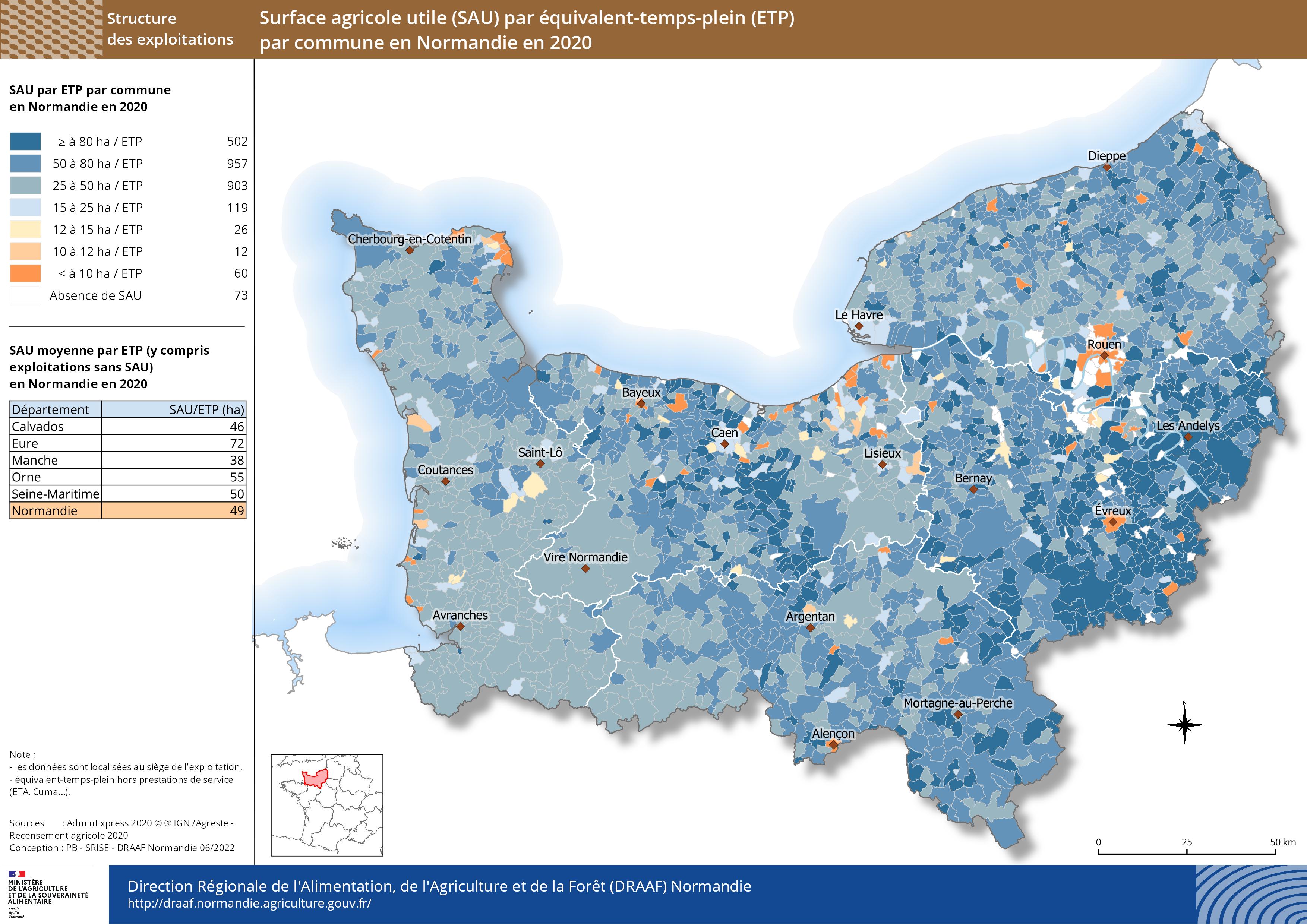 carte représentant la surface agricole utile (SAU) par équivalent-temps-plein (ETP) par commune en Normandie en 2020