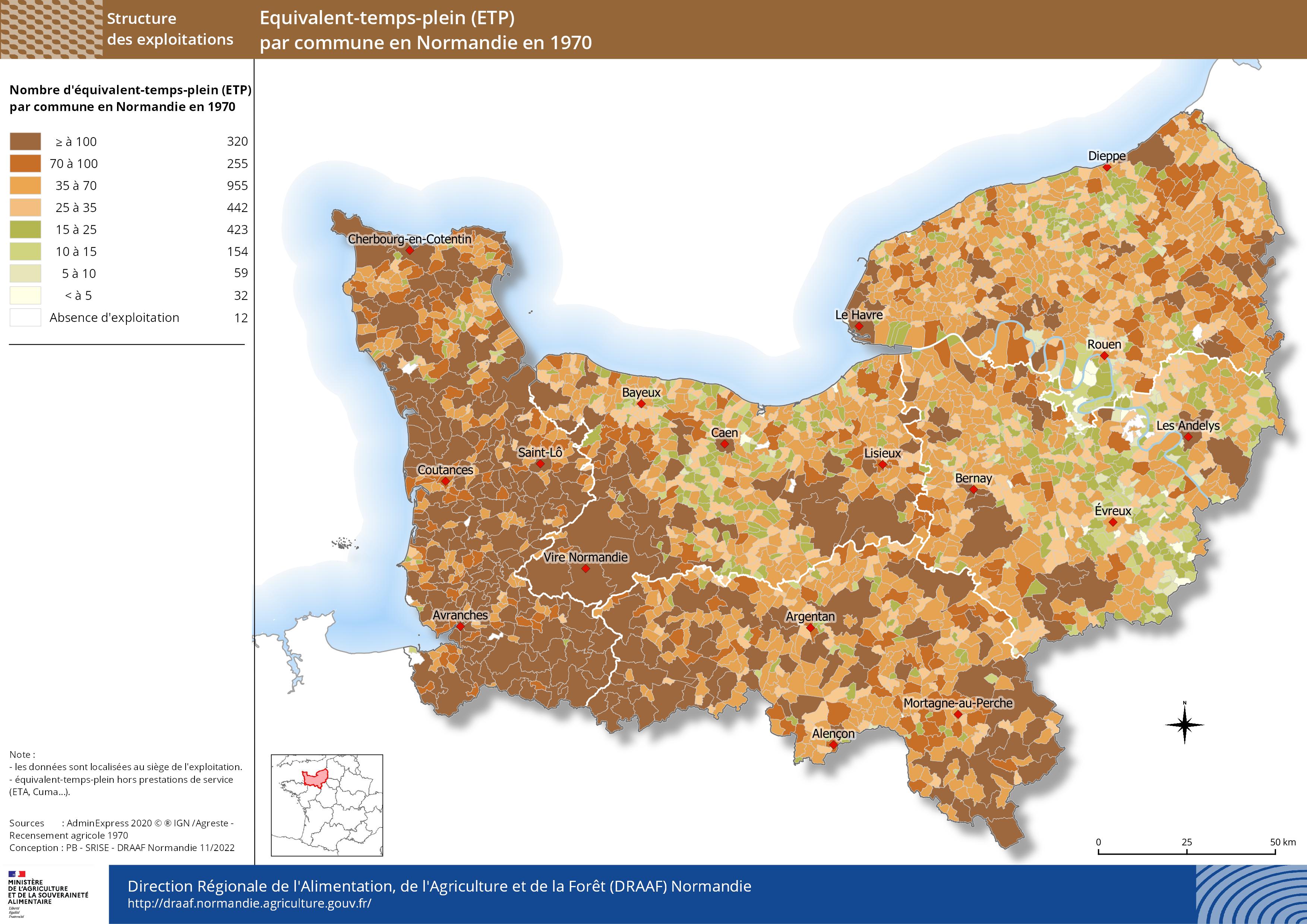 carte représentant le nombre d'équivalent-temps-plein (ETP) par commune en Normandie en 1970