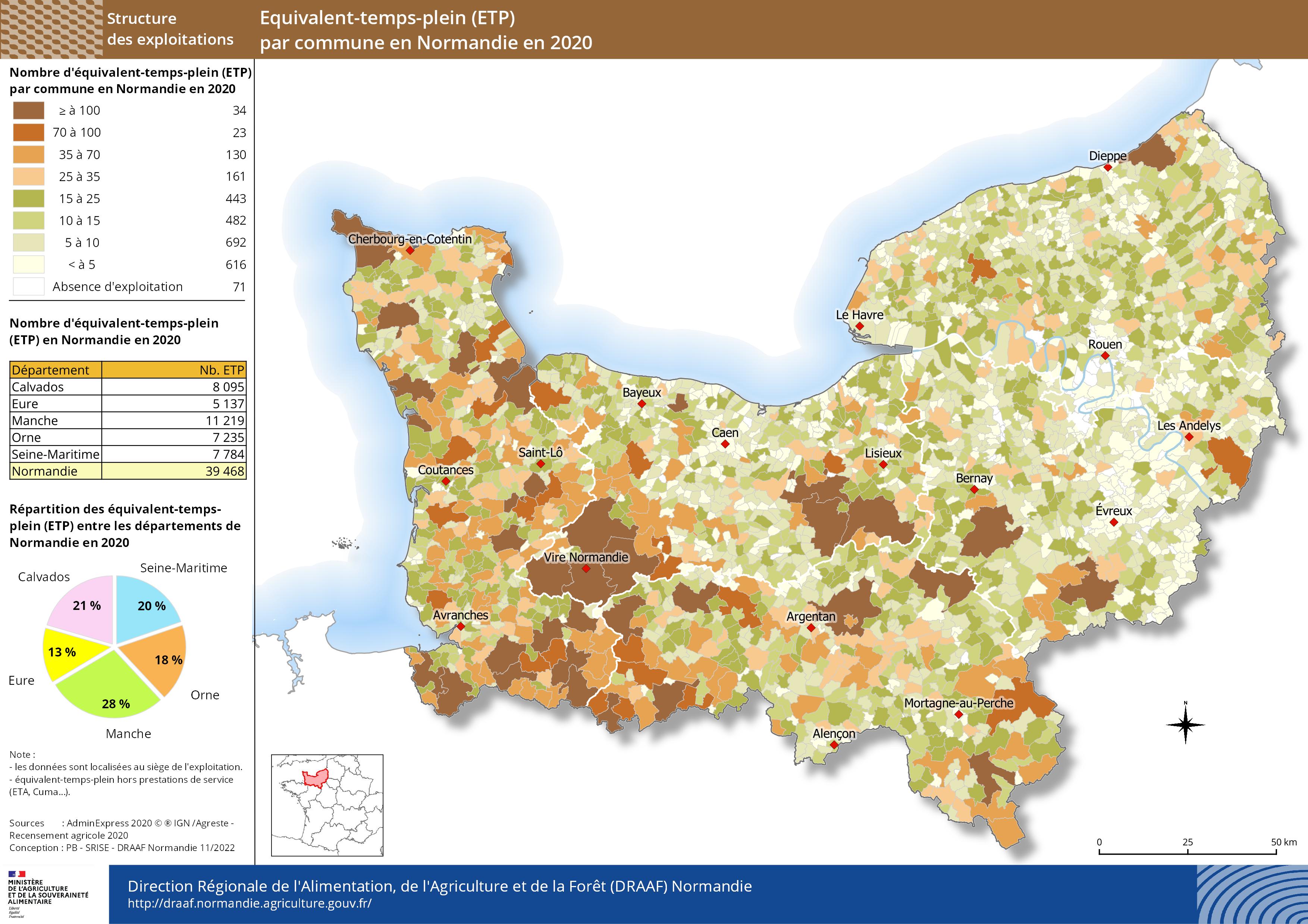 carte représentant le nombre d'équivalent-temps-plein (ETP) par commune en Normandie en 2020