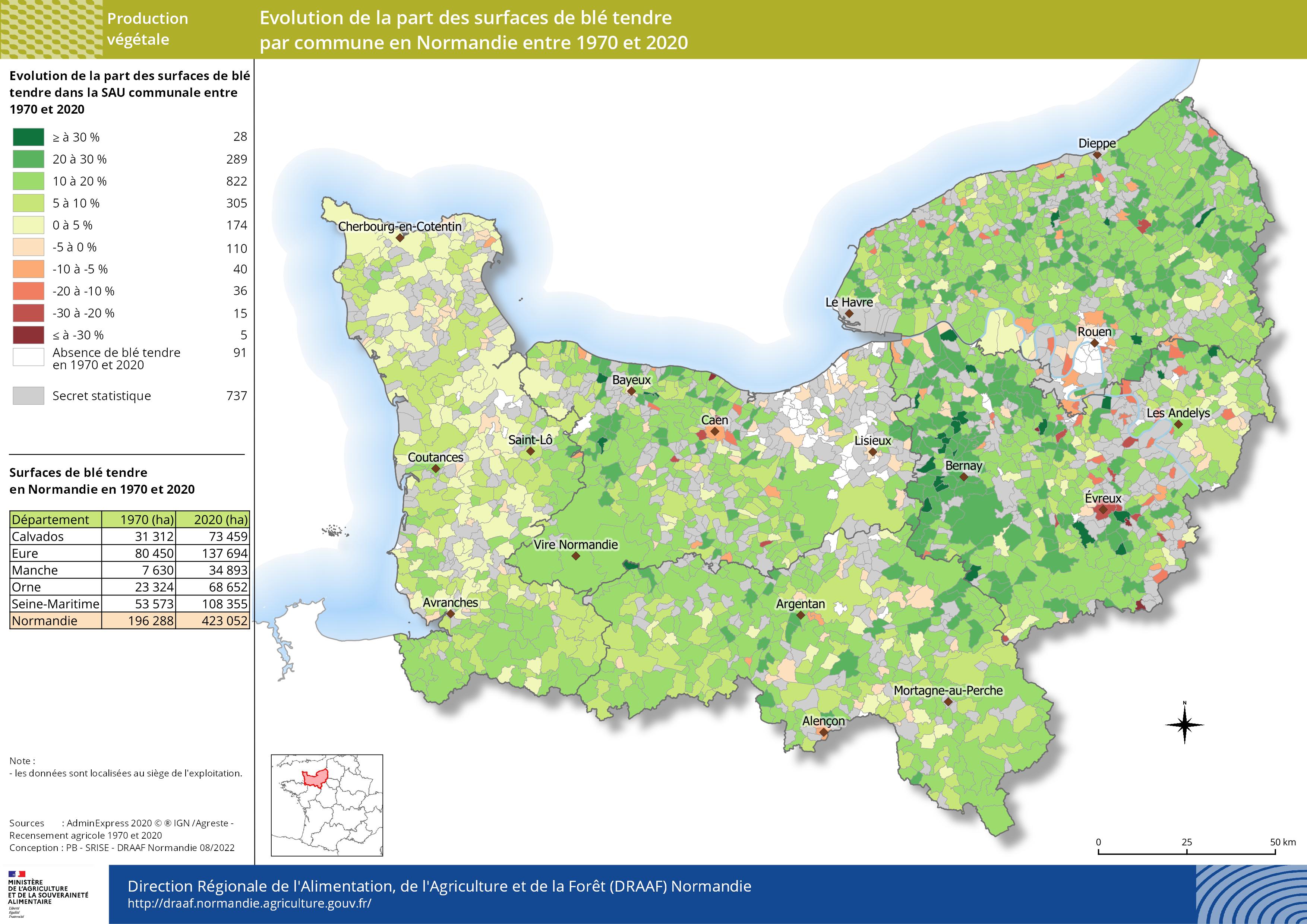 carte représentant l'évolution de la part des surfaces de blé tendre par commune en Normandie entre 1970 et 2020