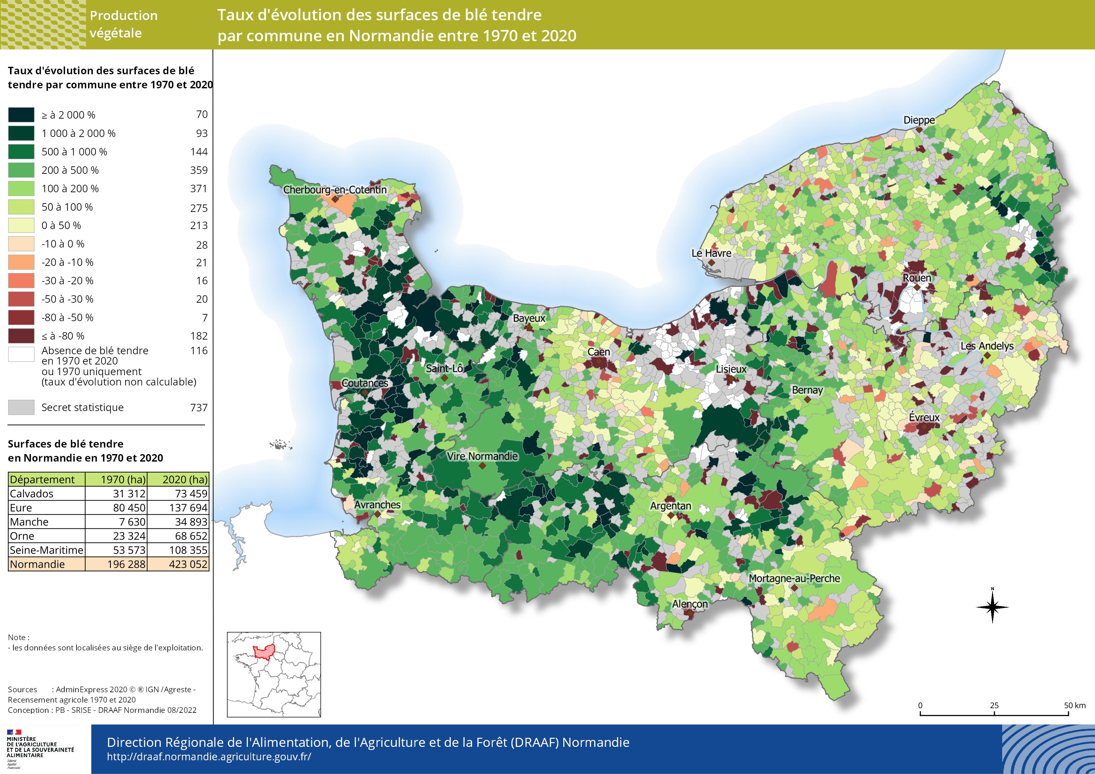 carte représentant le taux d'évolution des surfaces de blé tendre par commune en Normandie entre 1970 et 2020