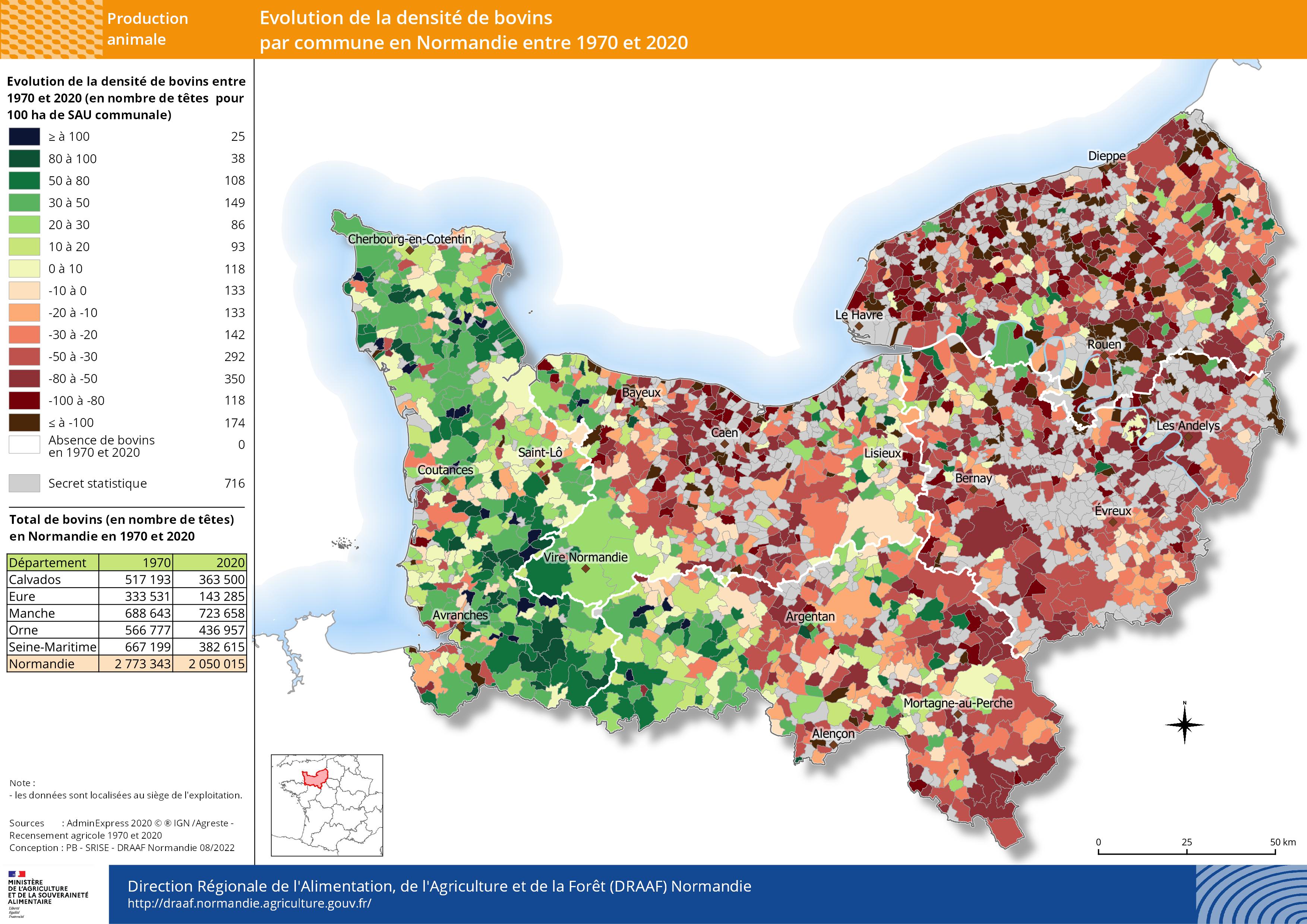 jeu de données - évolution de la densité de bovins par commune en Normandie entre 1970 et 2020