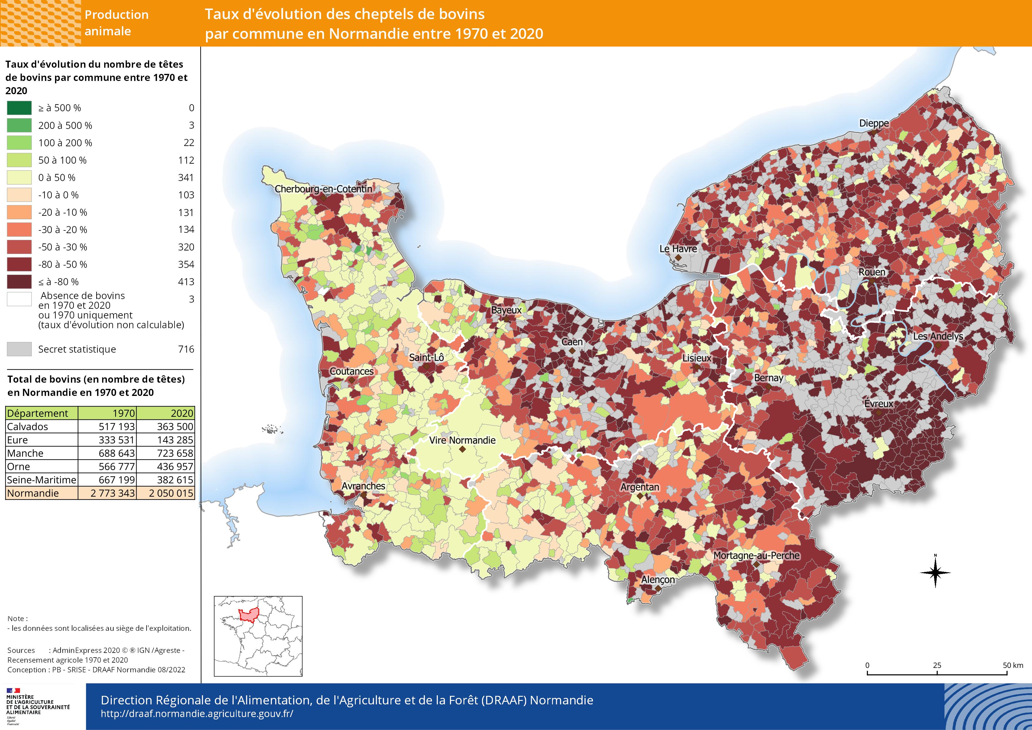 carte représentant le taux d'évolution des cheptels de bovins par commune en Normandie entre 1970 et 2020