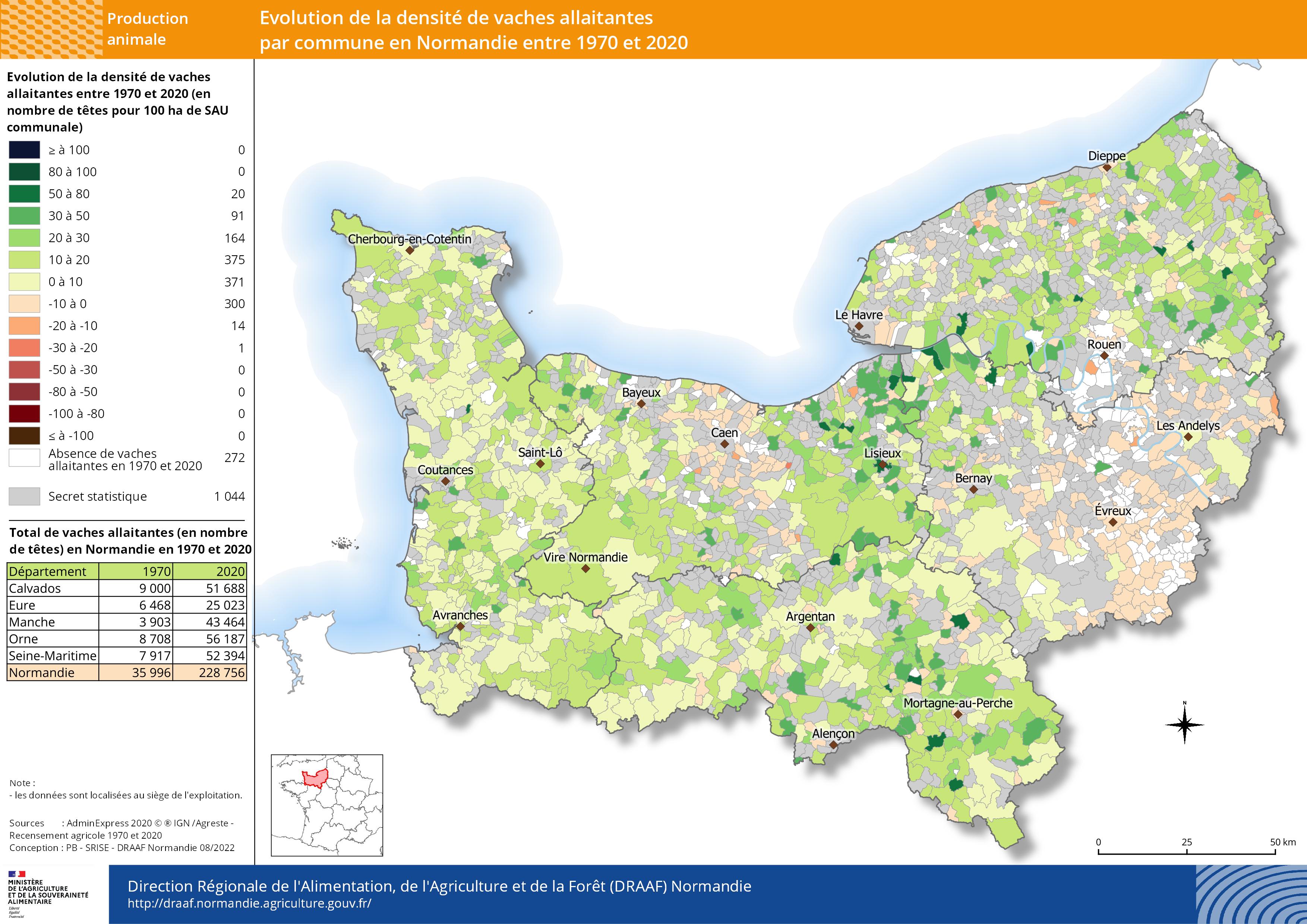 carte représentant l'évolution de la densité de vaches allaitantes par commune en Normandie entre 1970 et 2020