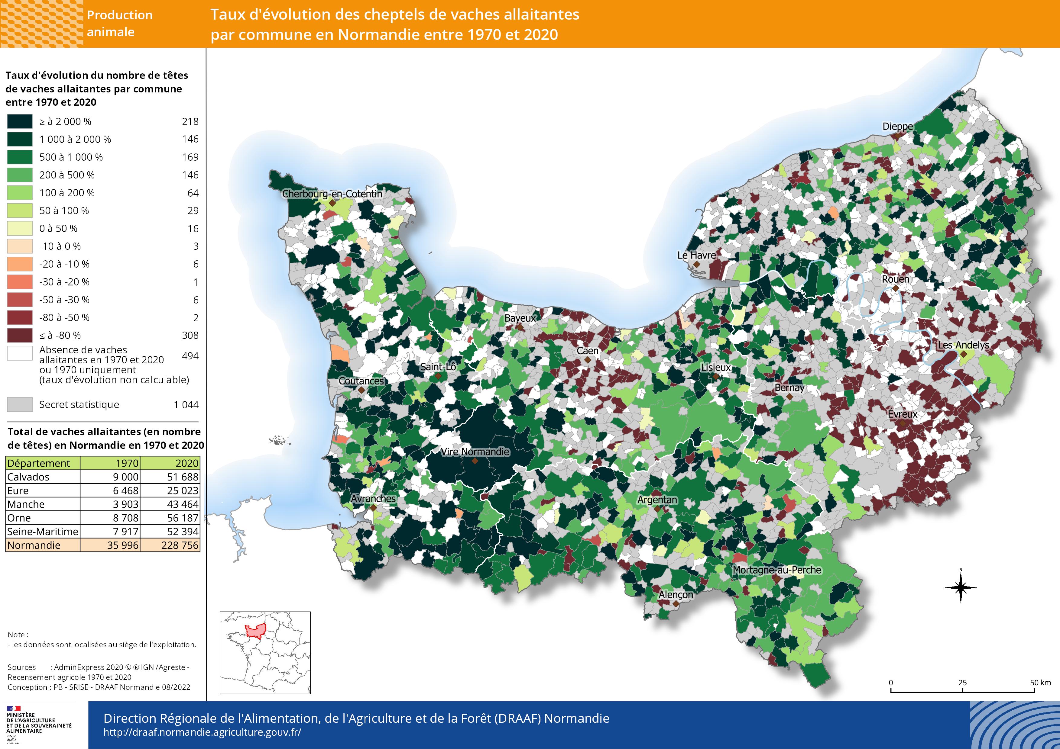 carte représentant le taux d'évolution des cheptels de vaches allaitantes par commune en Normandie entre 1970 et 2020