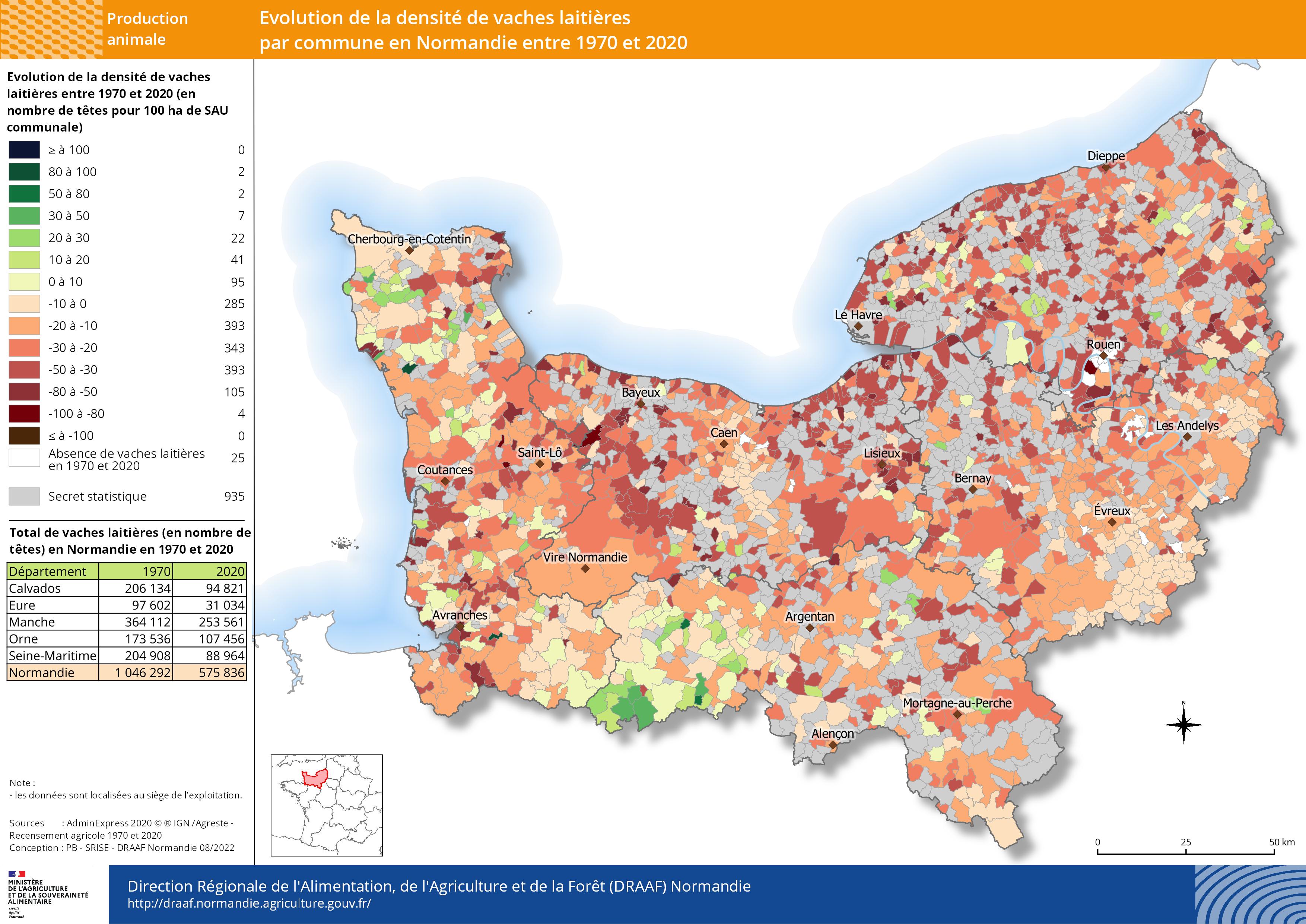 carte représentant l'évolution de la densité de vaches laitières par commune en Normandie entre 1970 et 2020