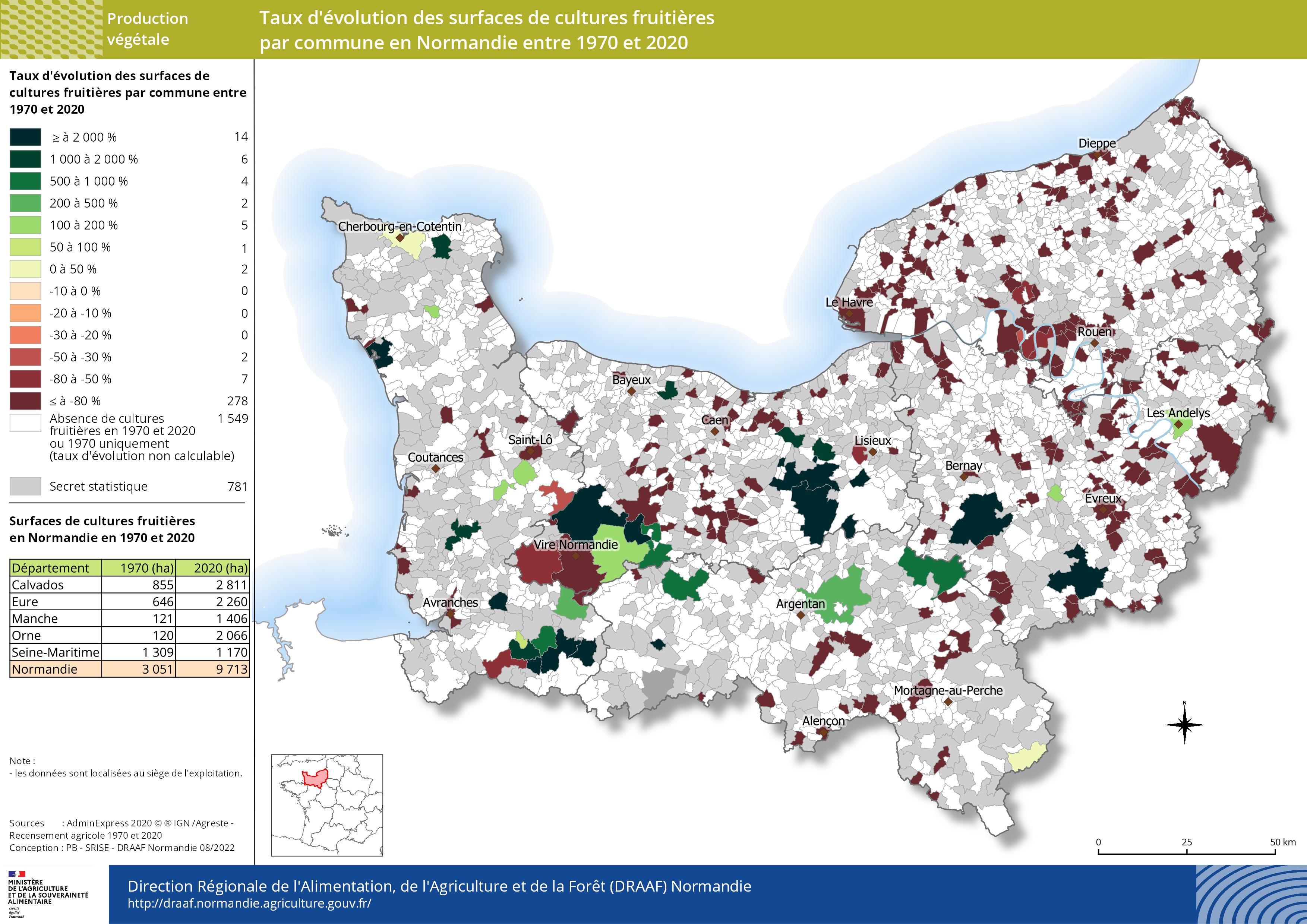 carte représentant le taux d'évolution des surfaces de cultures fruitières par commune en Normandie entre 1970 et 2020