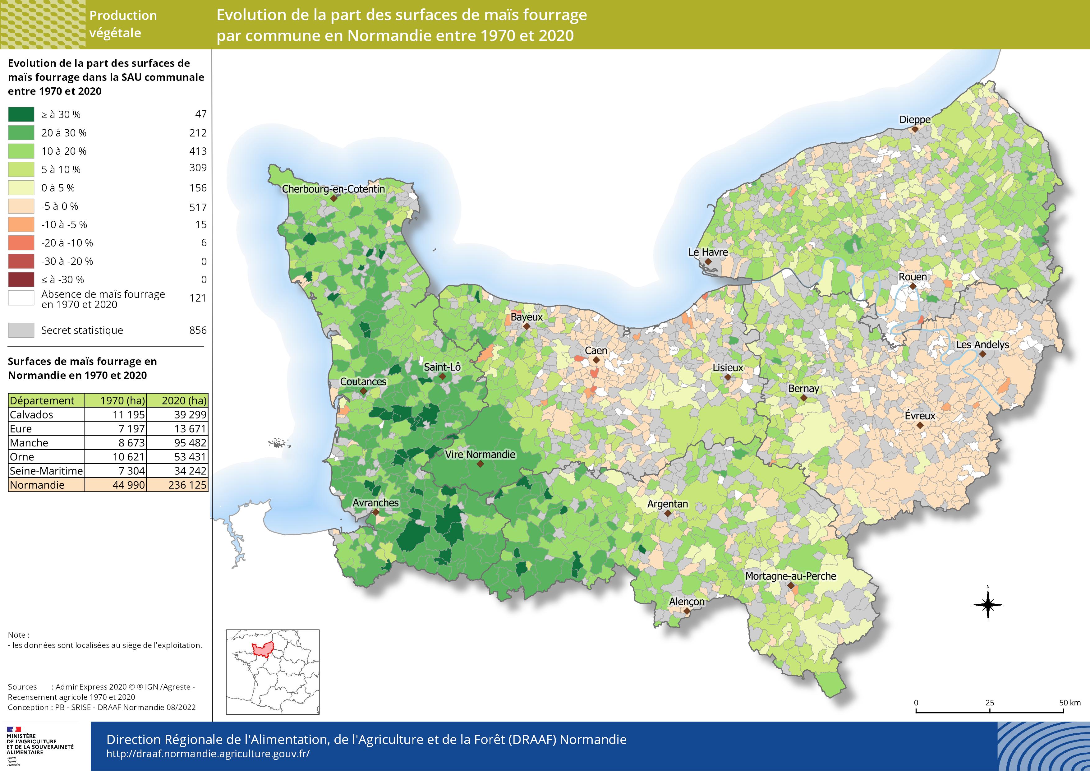 carte représentant l'évolution de la part des surfaces de maïs fourrage par commune en Normandie entre 1970 et 2020