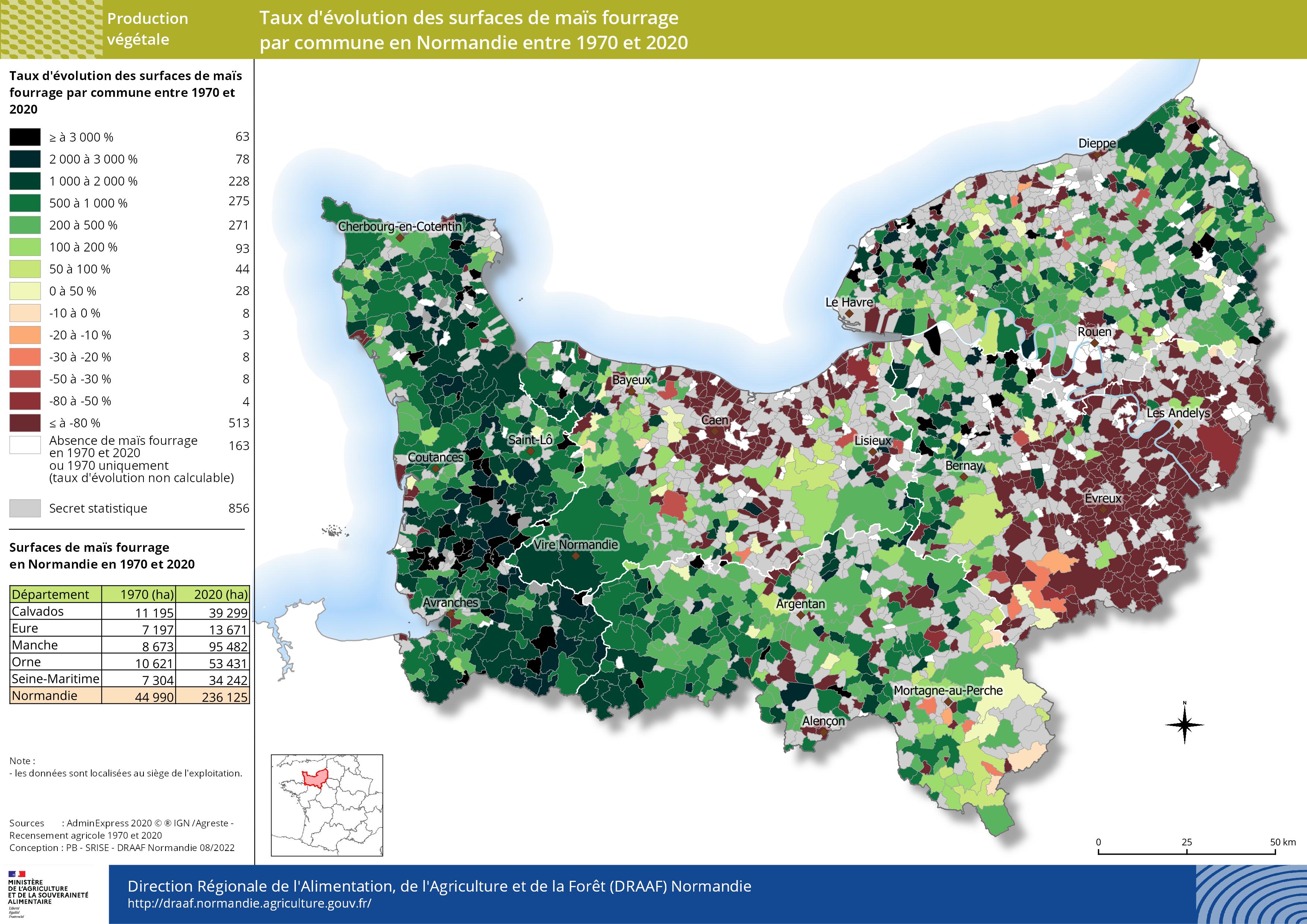 carte représentant le taux d'évolution des surfaces de maïs fourrage par commune en Normandie entre 1970 et 2020