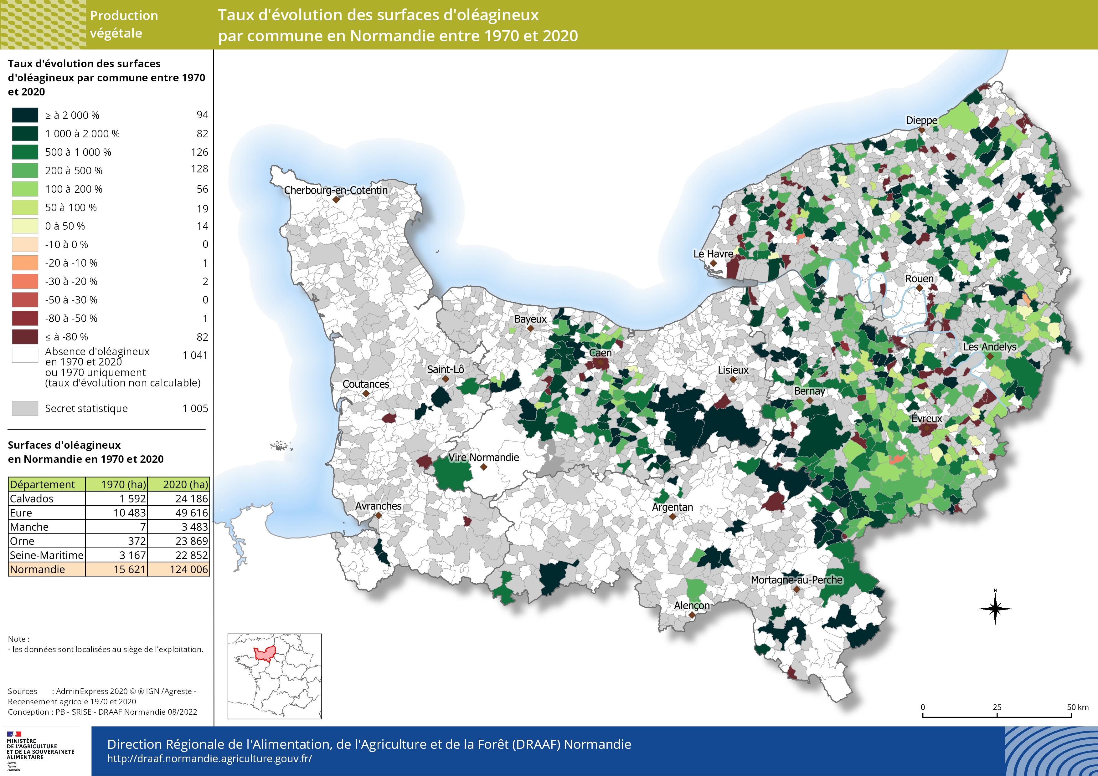 carte représentant le taux d'évolution des surfaces d'oléagineux par commune en Normandie entre 1970 et 2020