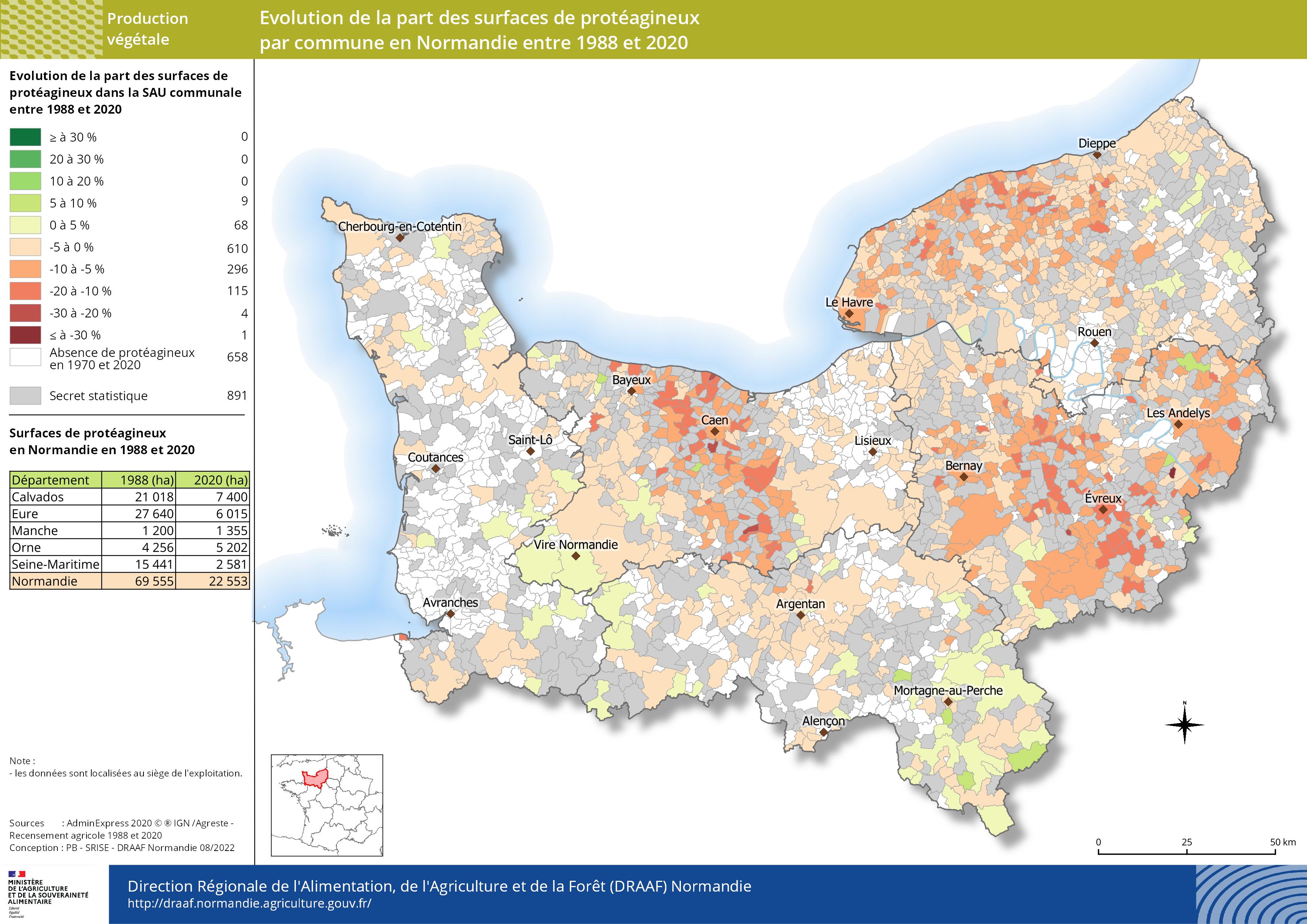 carte représentant l'évolution de la part des surfaces de protéagineux par commune en Normandie entre 1988 et 2020