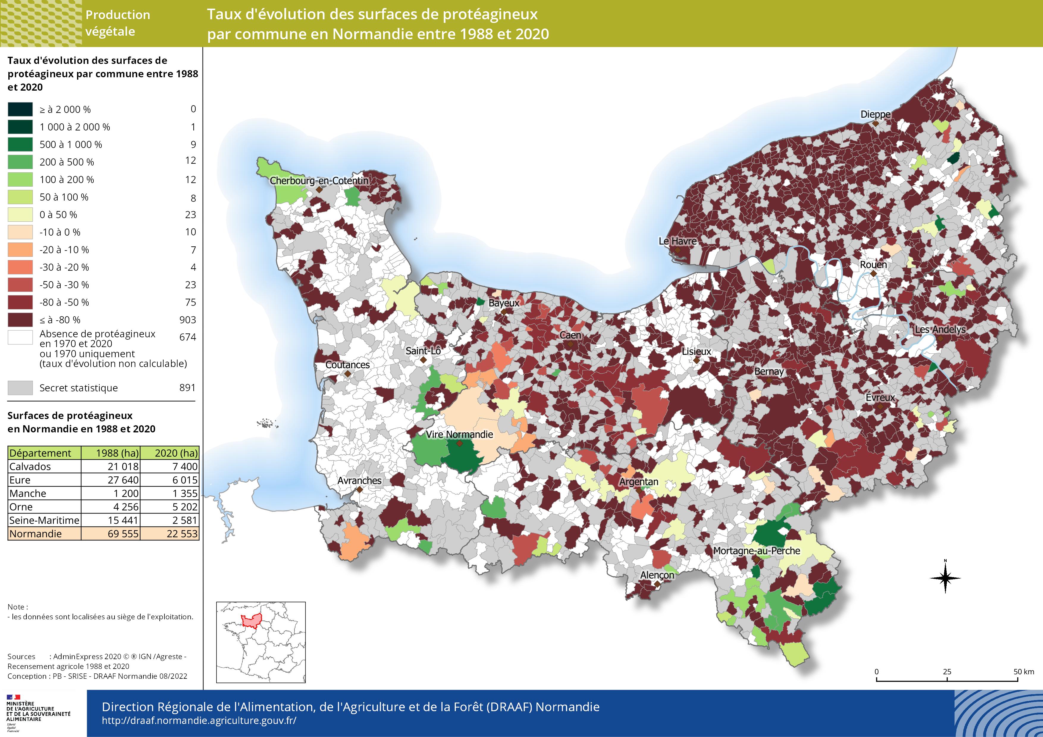 carte représentant le taux d'évolution des surfaces de protéagineux par commune en Normandie entre 1988 et 2020
