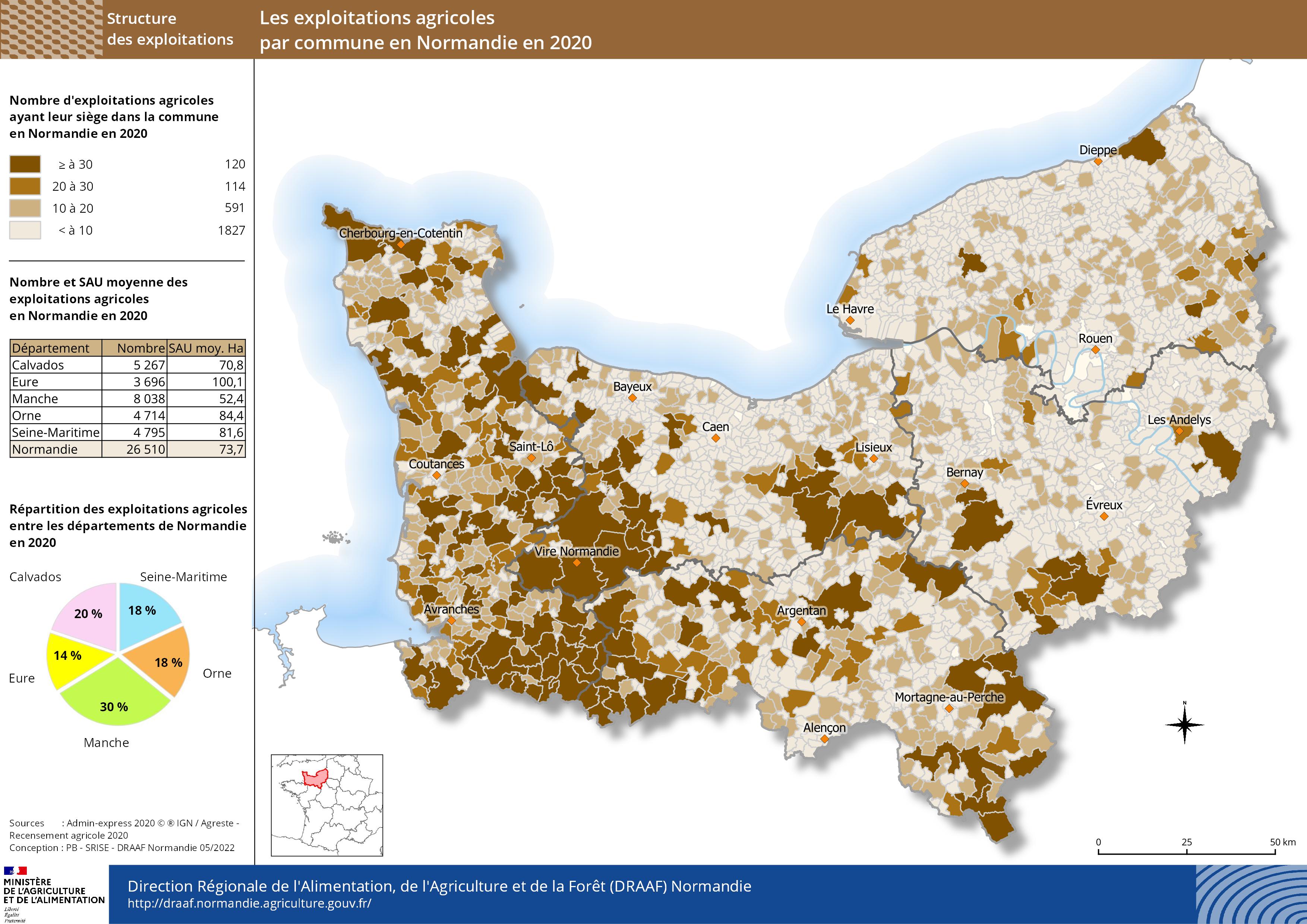 carte représentant les exploitations agricoles par commune en Normandie en 2020