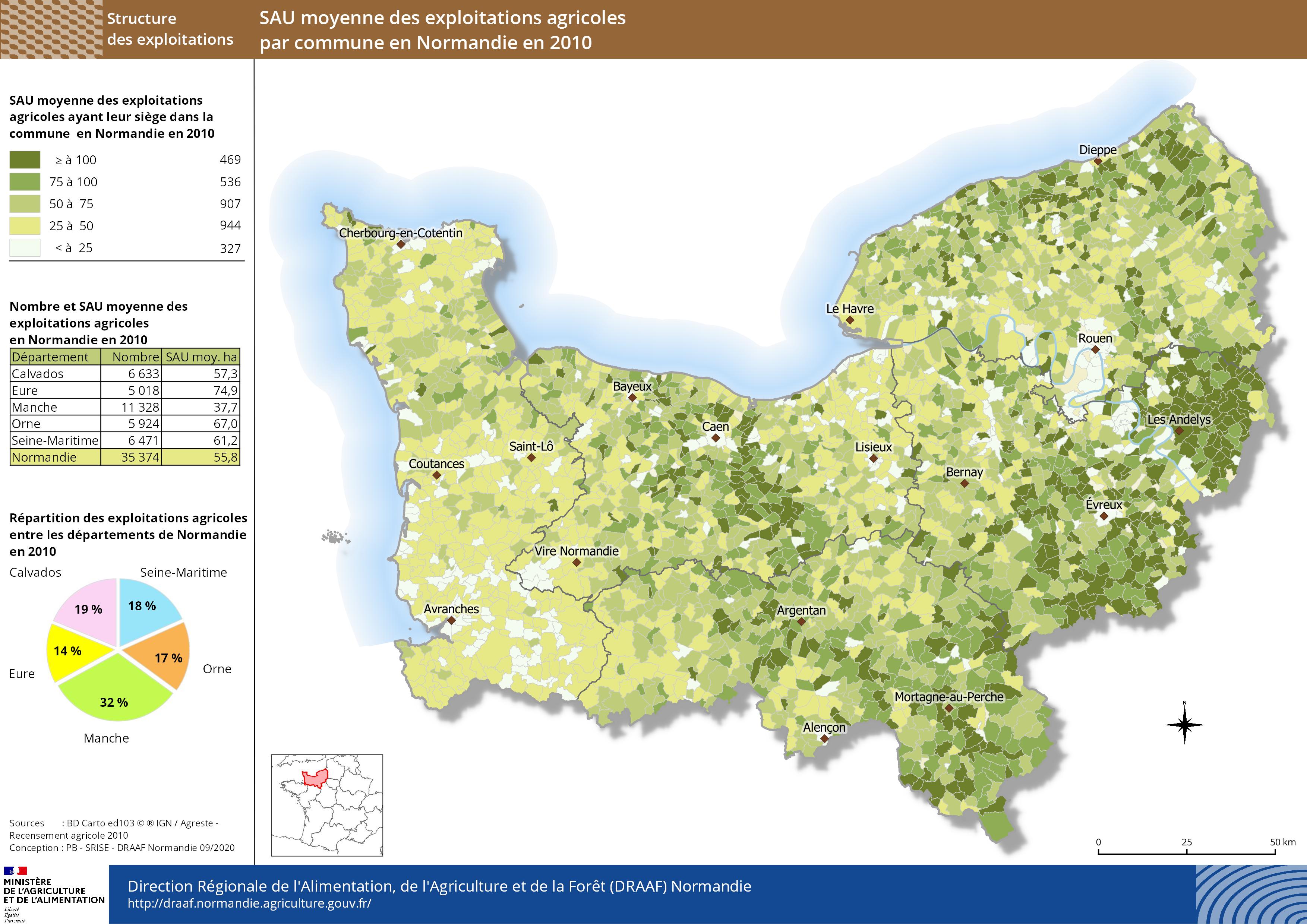 carte représentant la SAU moyenne des exploitations agricoles par commune en Normandie en 2010