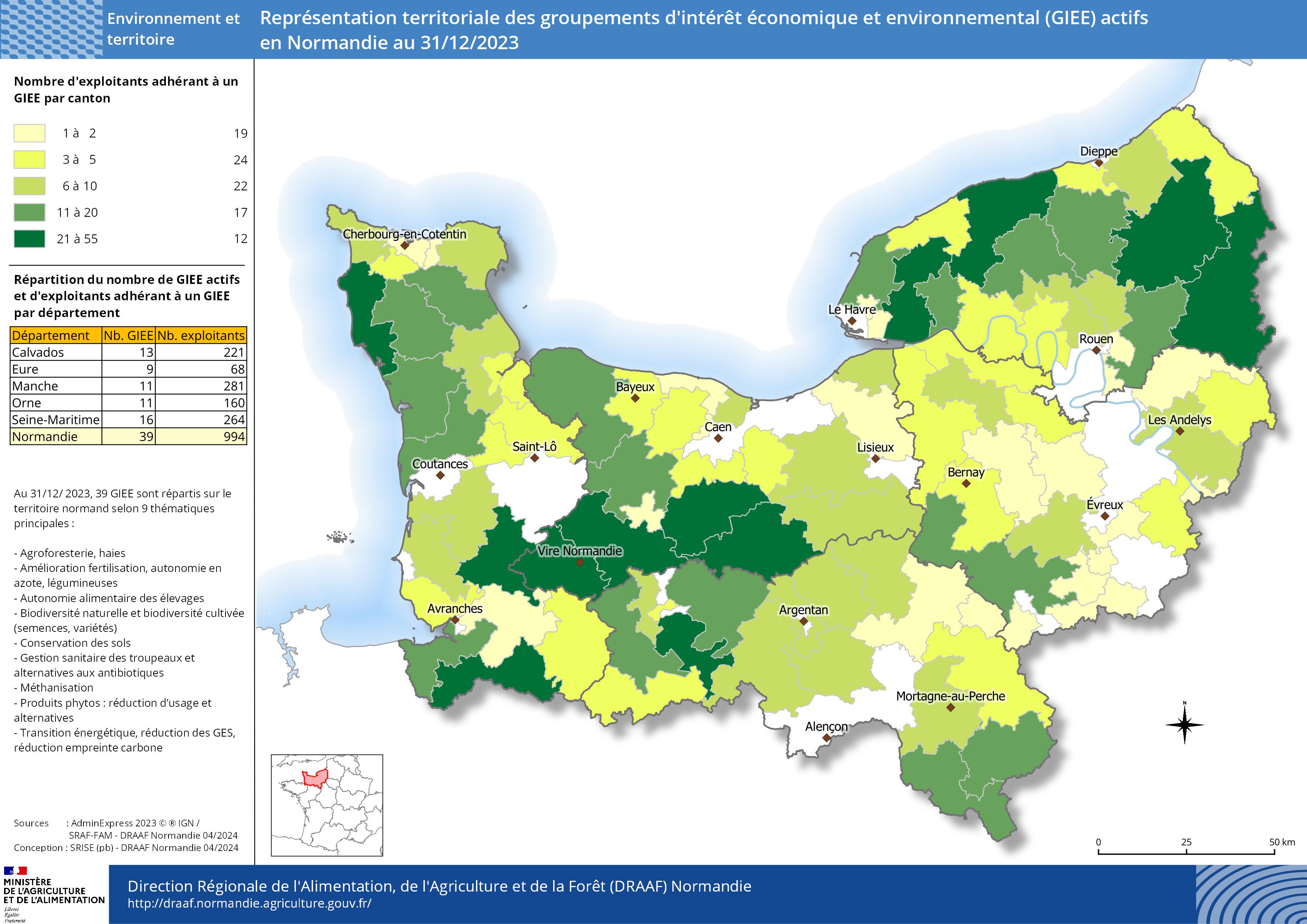 Représentation territoriale des groupements d'intérêt économique et environnemental (GIEE) actifs en Normandie au 31/12/2023 – Nombre d'exploitants adhérant à un GIEE par canton