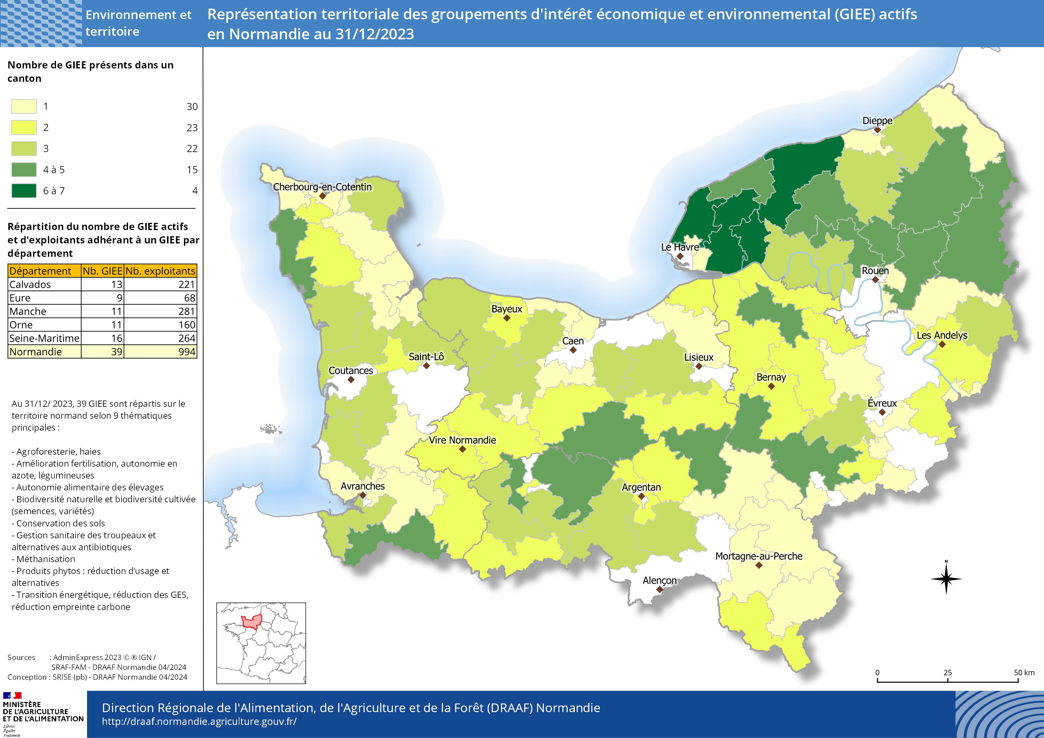 Présentation territoriale des groupements d'intérêt économique et environnemental (GIEE) actifs en Normandie au 31/12/2023 – Nombre de GIEE présents dans un canton