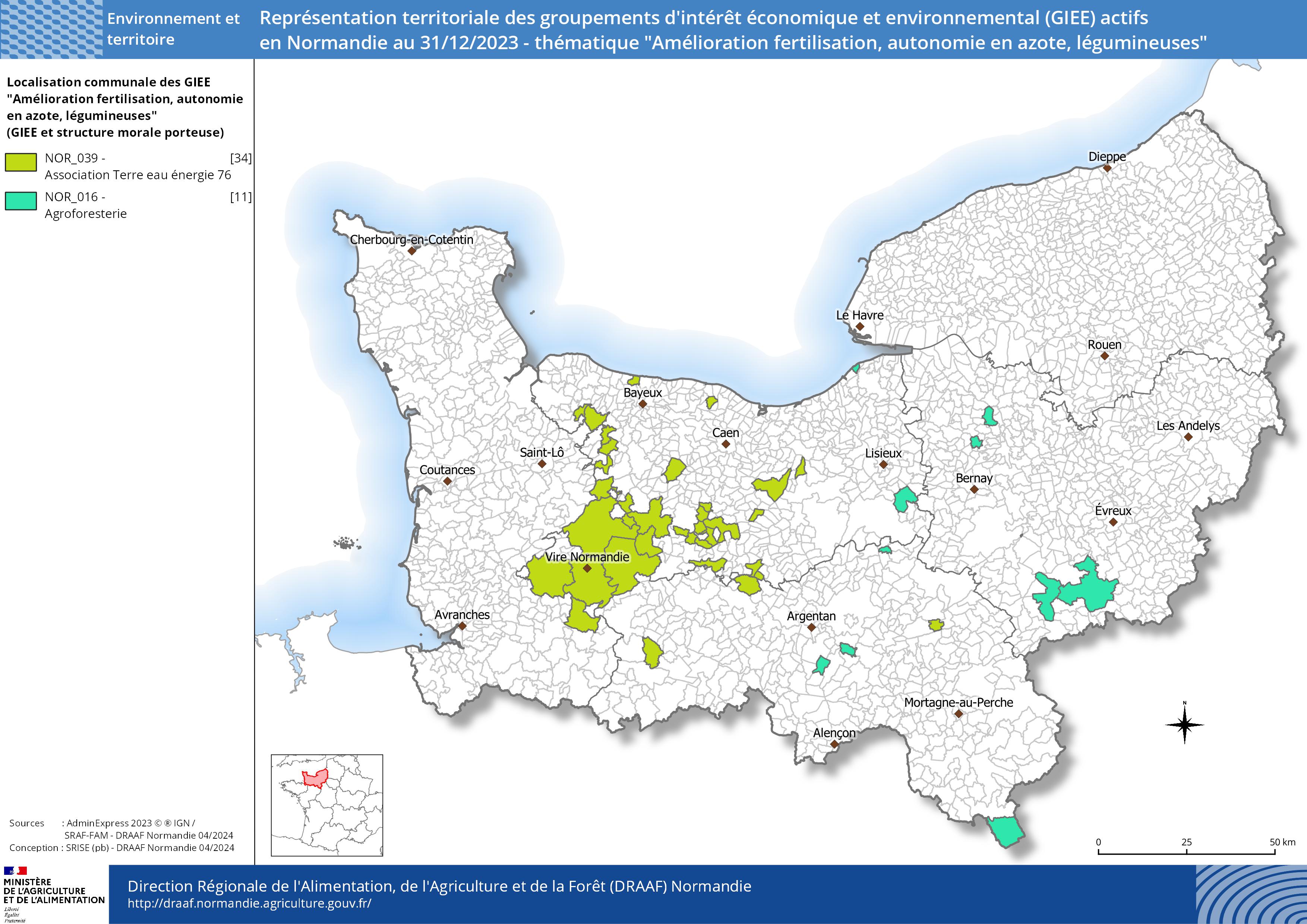 Représentation territoriale des groupements d'intérêt économique et environnemental (GIEE) actifs en Normandie au 31/12/2023 - thématique Amélioration fertilisation, autonomie en azote, légumineuses