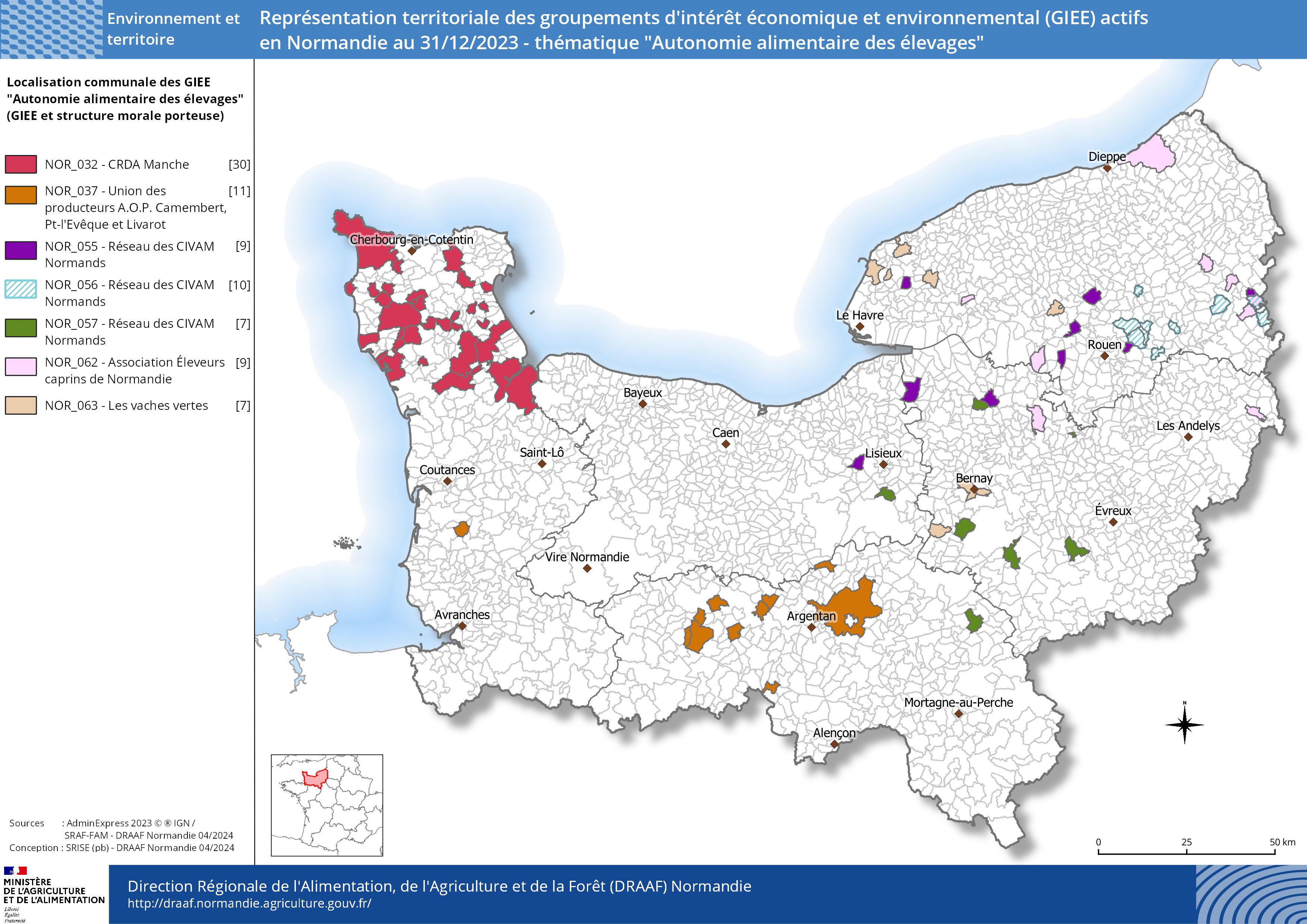 Représentation territoriale des groupements d'intérêt économique et environnemental (GIEE) actifs en Normandie au 31/12/2023 - thématique Autonomie alimentaire des élevages