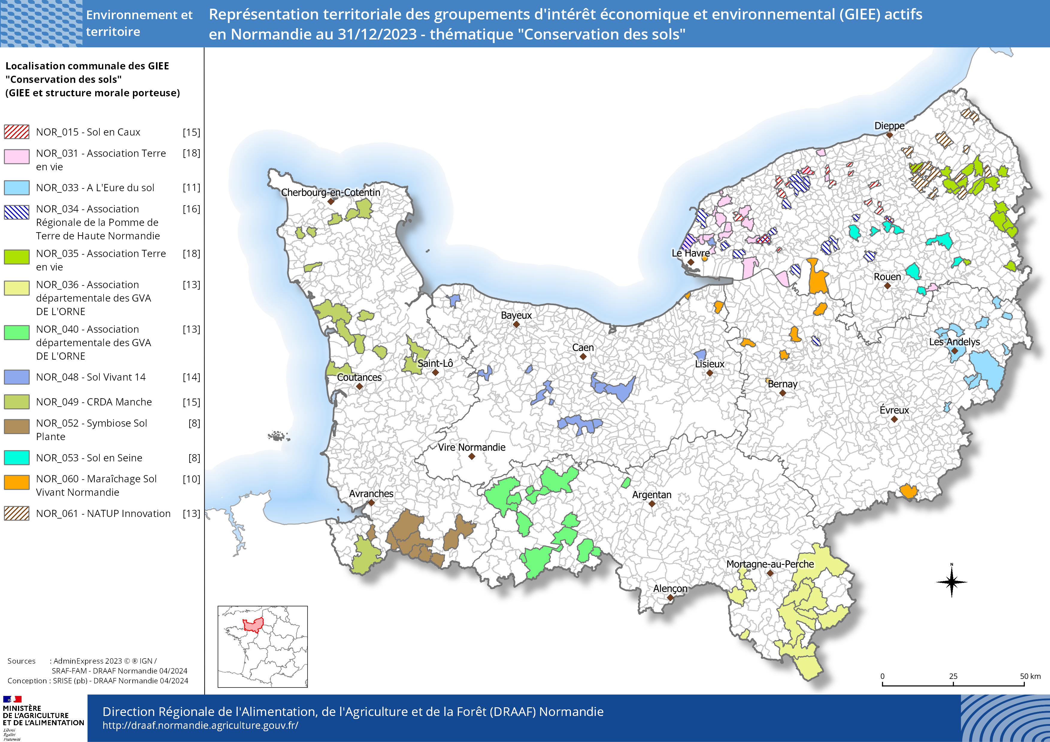 Représentation territoriale des groupements d'intérêt économique et environnemental (GIEE) actifs en Normandie au 31/12/2023 - thématique Conservation des sols