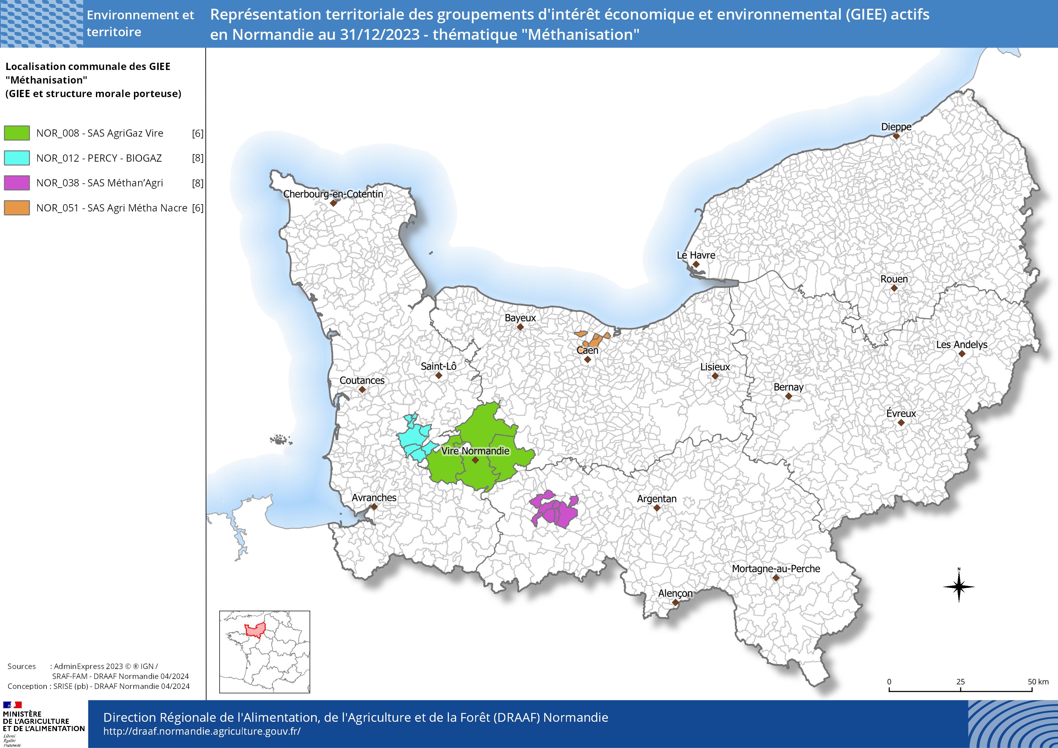 Représentation territoriale des groupements d'intérêt économique et environnemental (GIEE) actifs en Normandie au 31/12/2023 - thématique Méthanisation