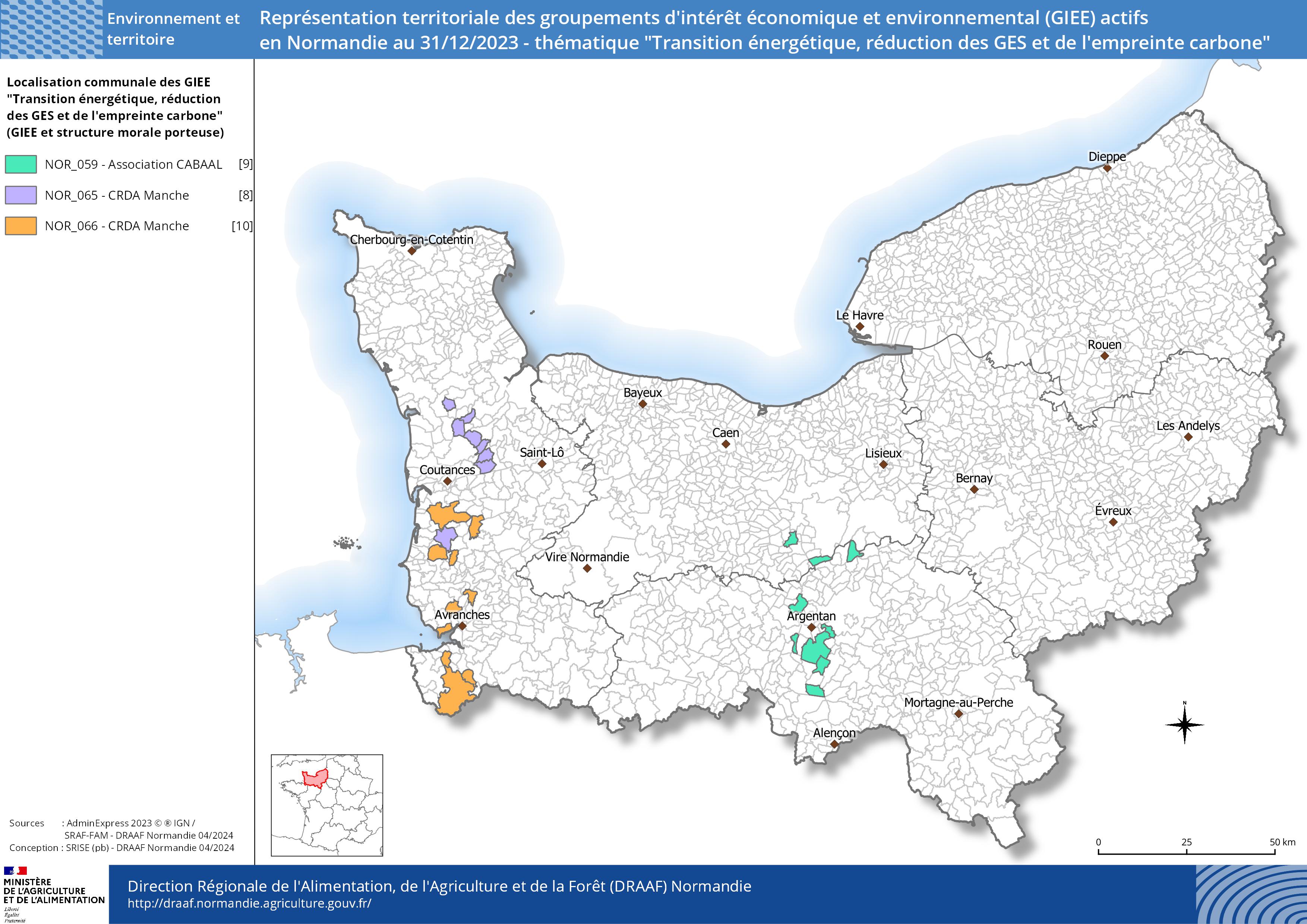 Représentation territoriale des groupements d'intérêt économique et environnemental (GIEE) actifs en Normandie au 31/12/2023 - thématique Transition énergétique, réduction des GES et de l'empreinte carbone