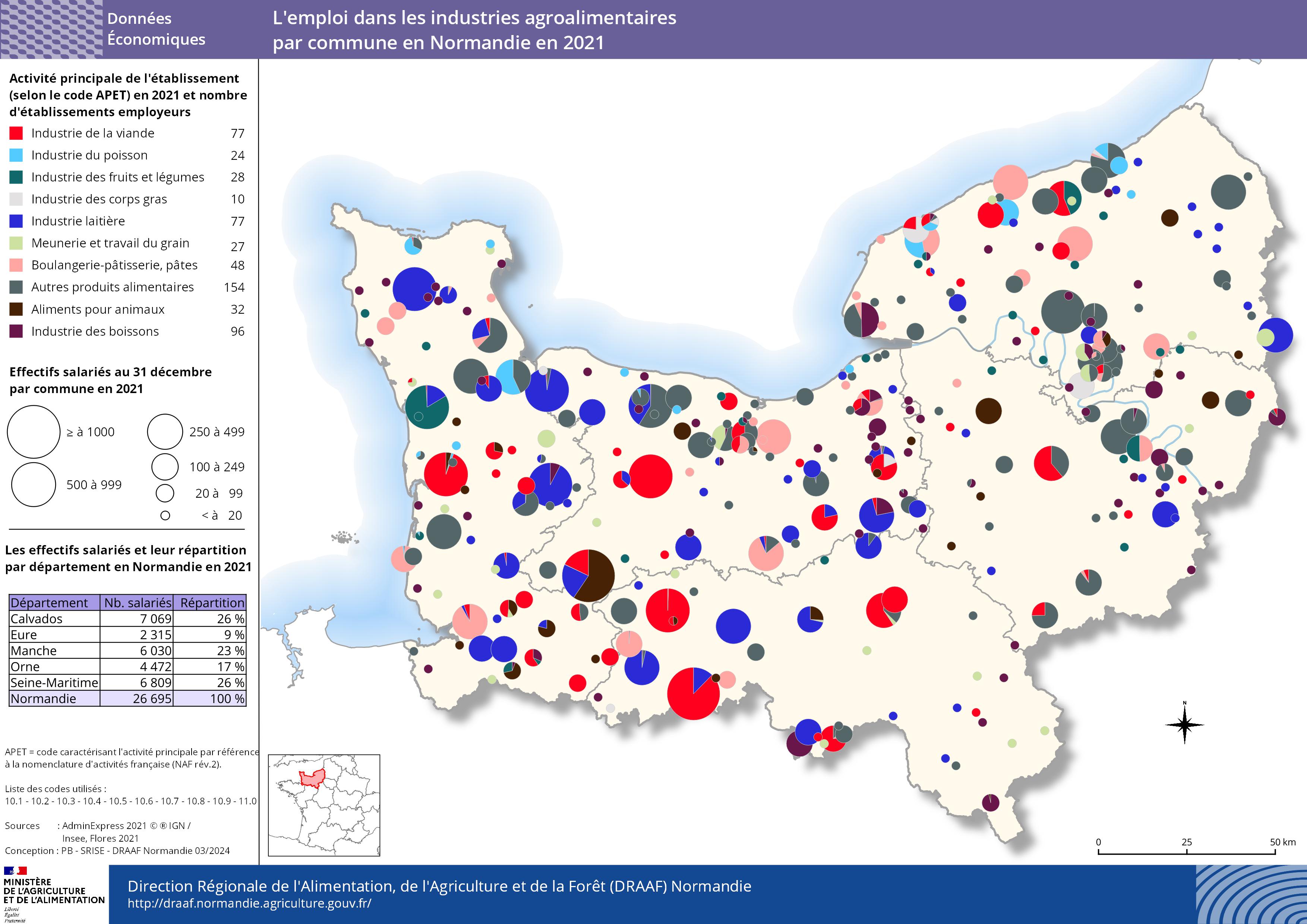 carte représentant l'emploi dans les industries agroalimentaires par commune en Normandie en 2021