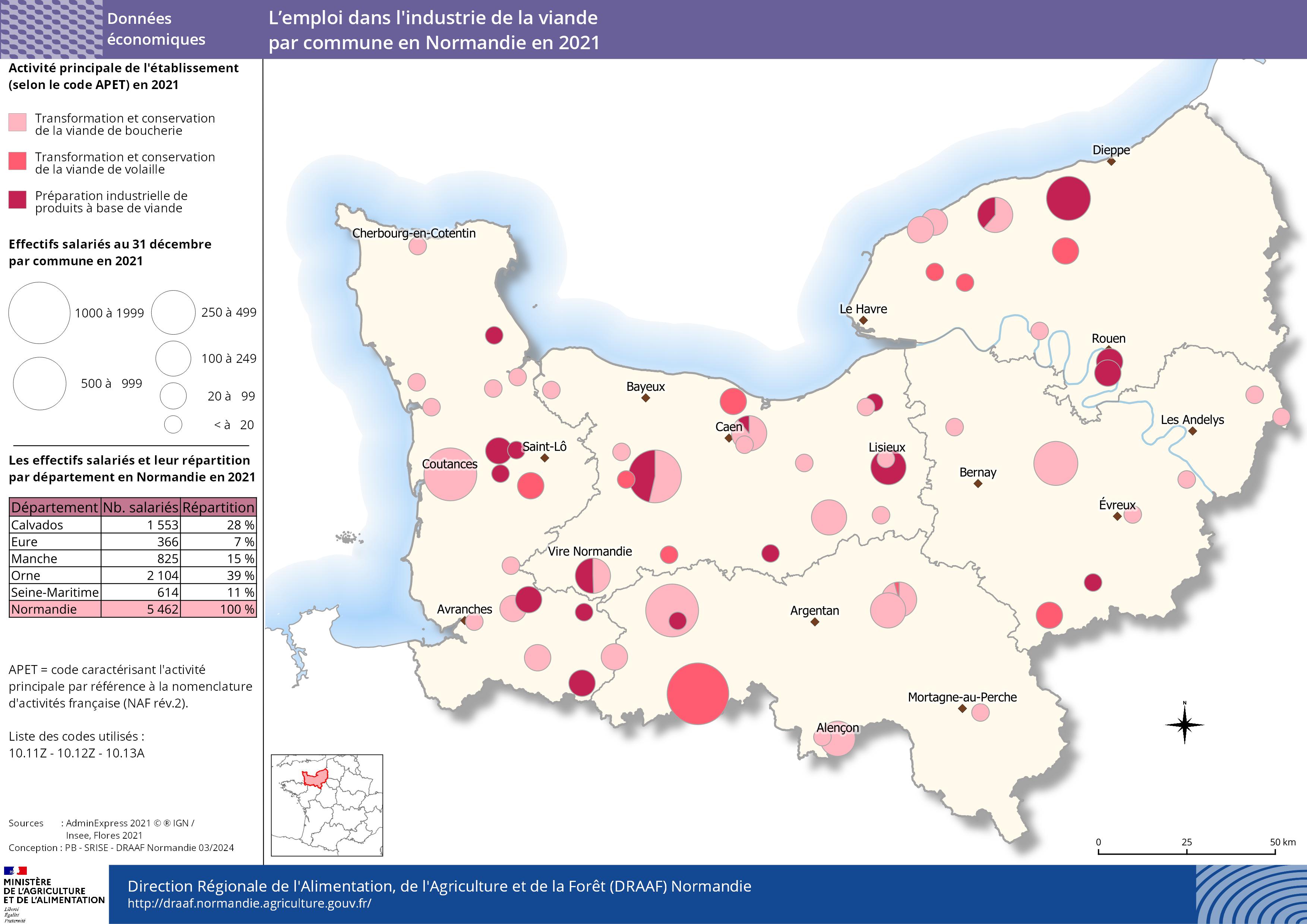 carte représentant l'emploi dans l'industrie de la viande par commune en Normandie en 2021