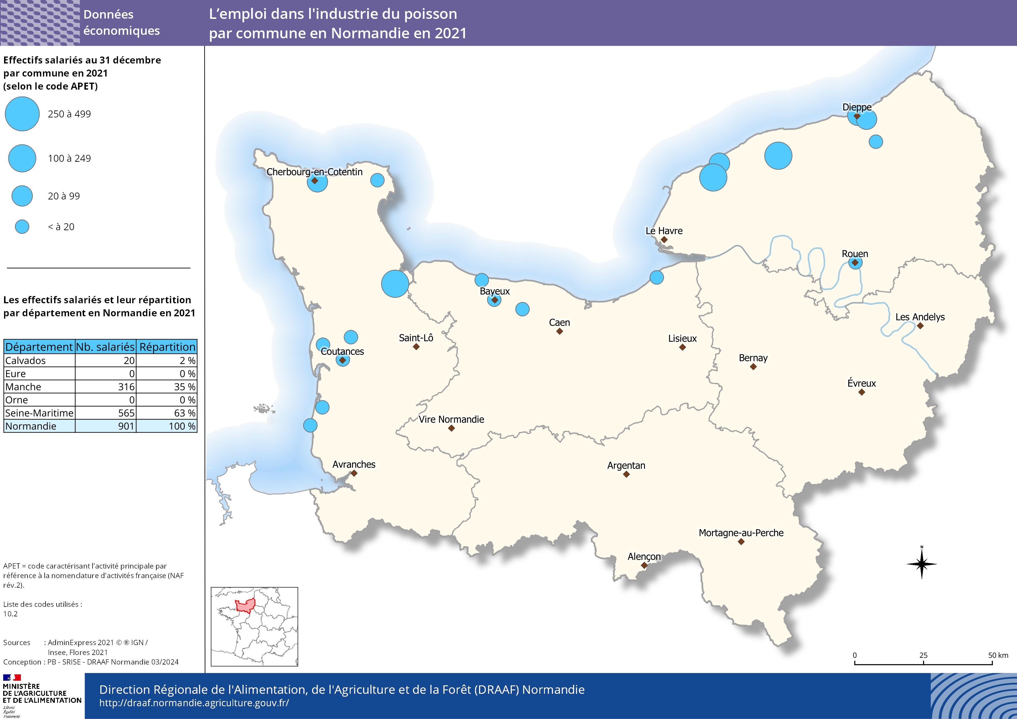 carte représentant l'emploi dans l'industrie du poisson par commune en Normandie en 2021