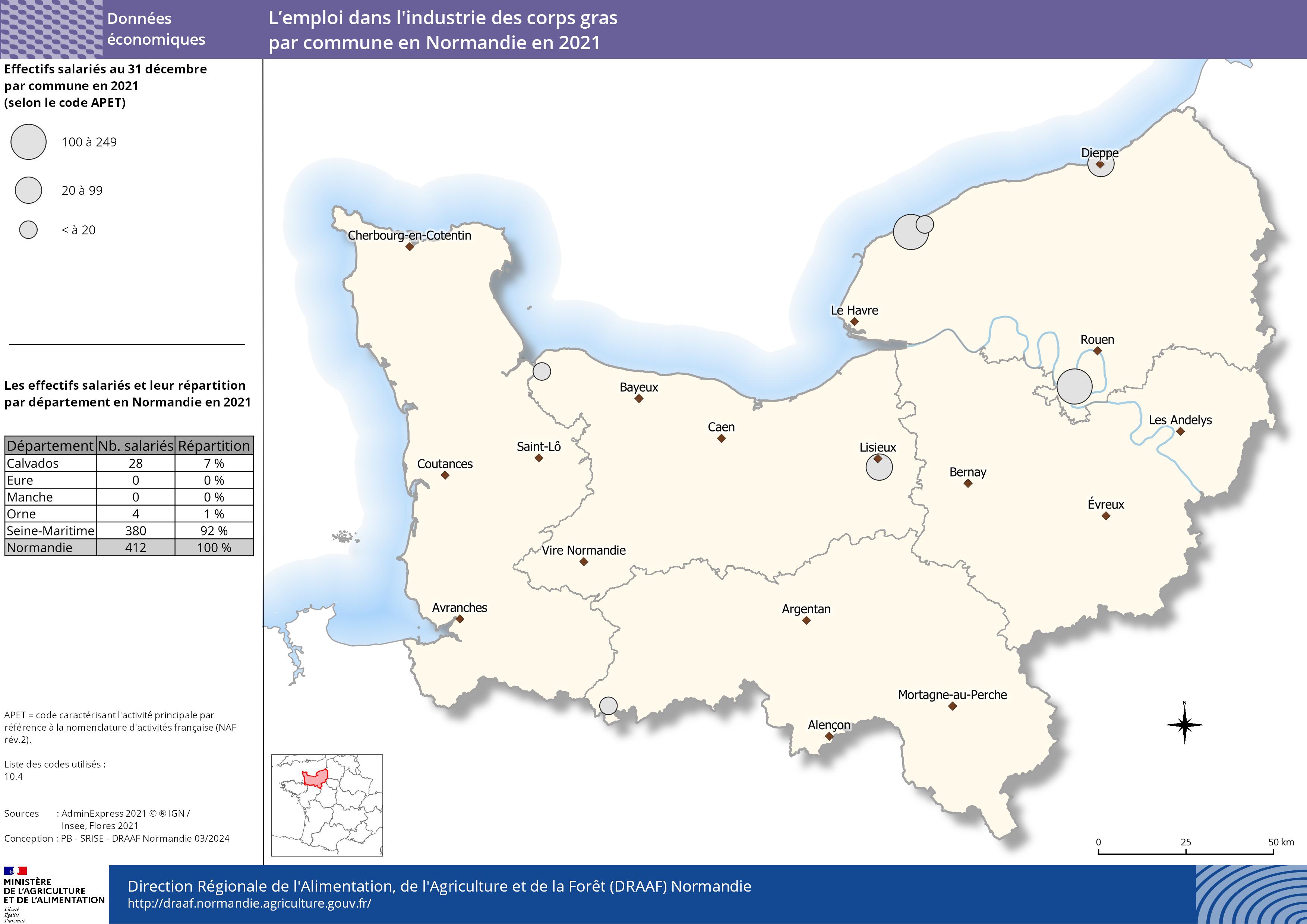 carte représentant l'emploi dans l'industrie des corps gras par commune en Normandie en 2021
