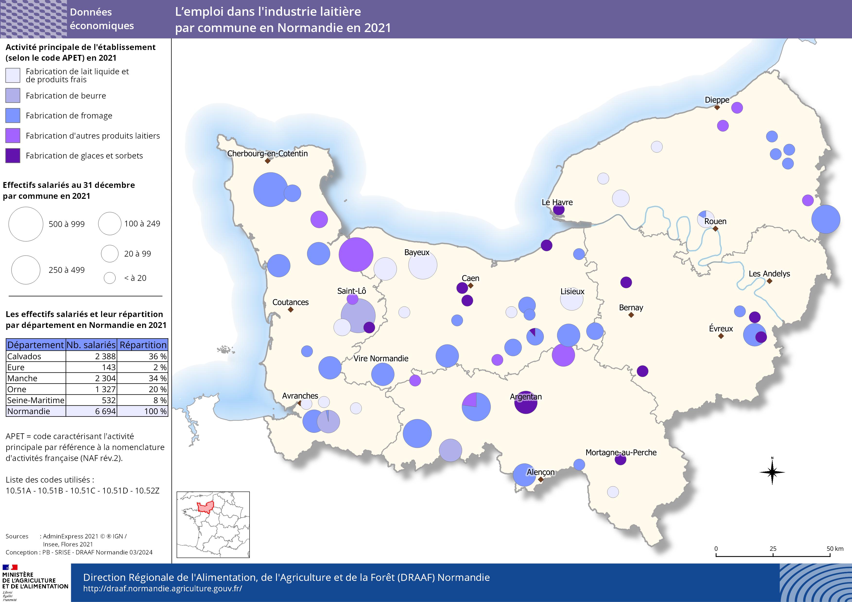 carte représentant l'emploi dans l'industrie laitière par commune en Normandie en 2021