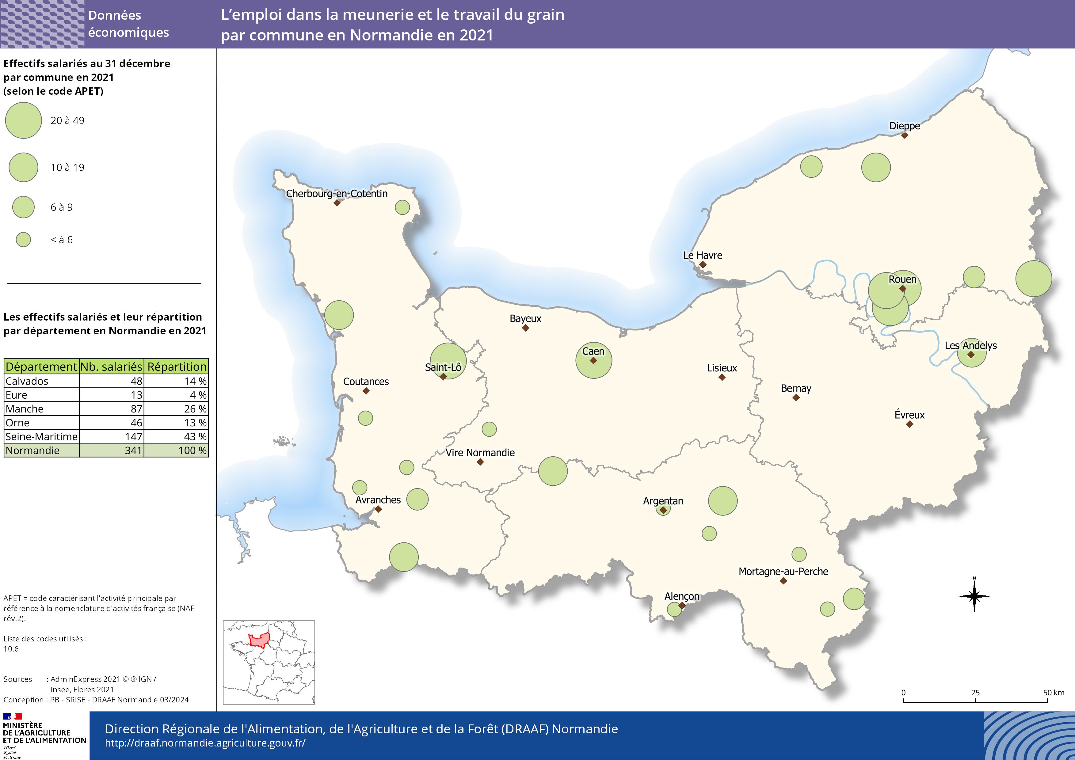 carte représentant l'emploi dans la meunerie et le travail du grain par commune en Normandie en 2021