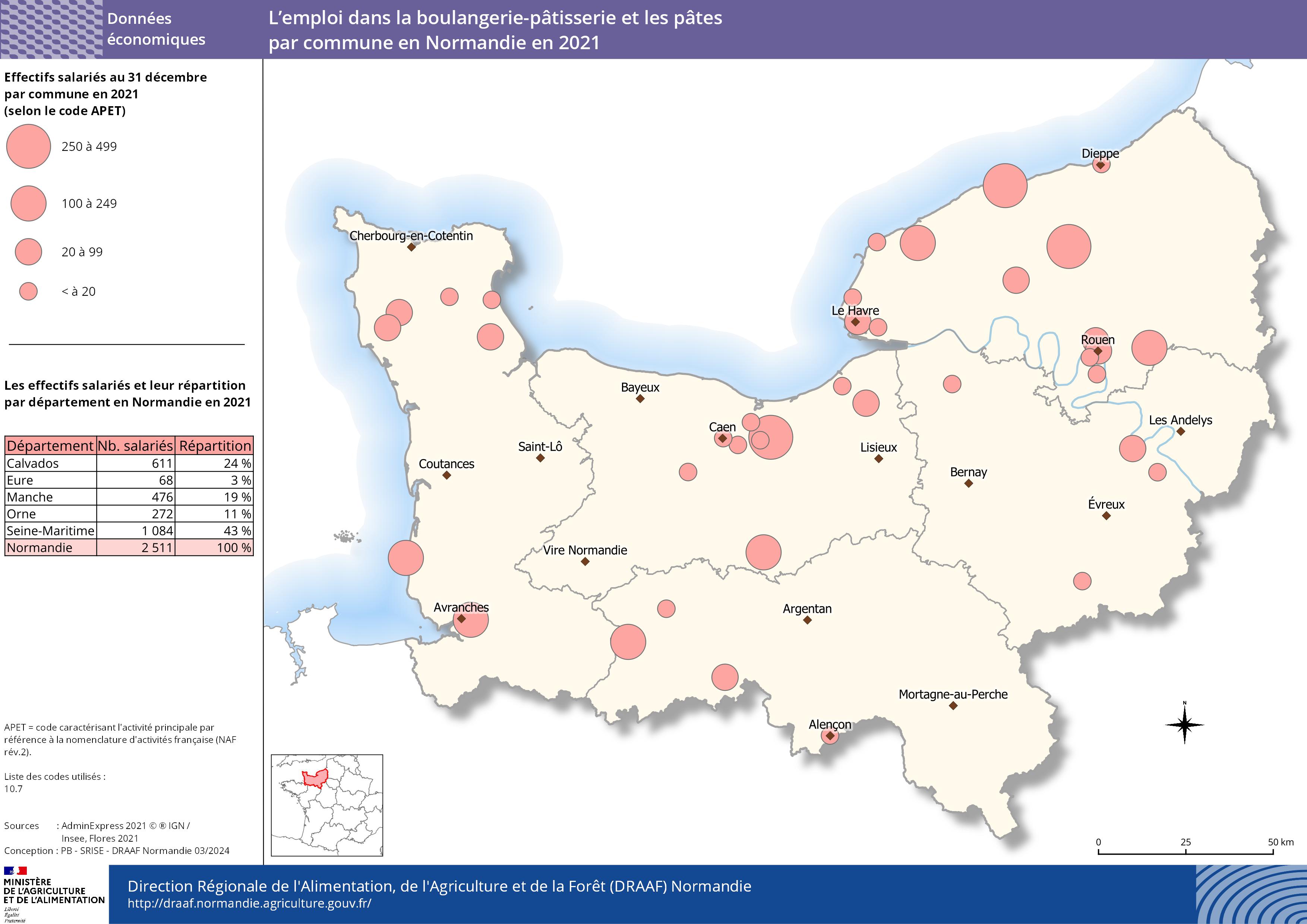 carte représentant l'emploi dans la boulangerie-pâtisserie et les pâtes par commune en Normandie en 2021